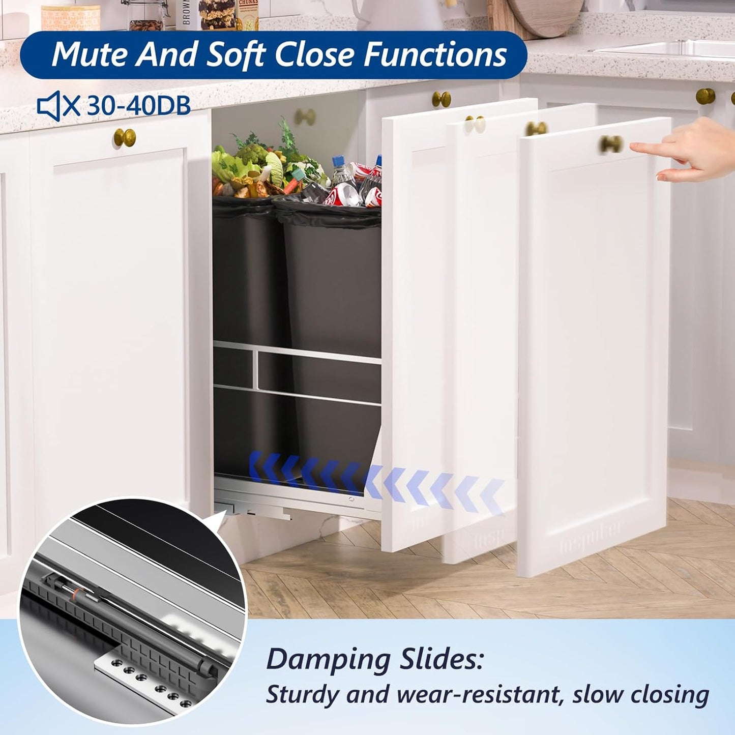 Insputer Dual Pull Out Trash Can Under Cabinet with Soft-Close Slides, Heavy Duty Under Sink Trash Can Kit for Kitchen Sink, Laundry, Garbage Can Not Included, Requires 17" W X 24" D Cabinets