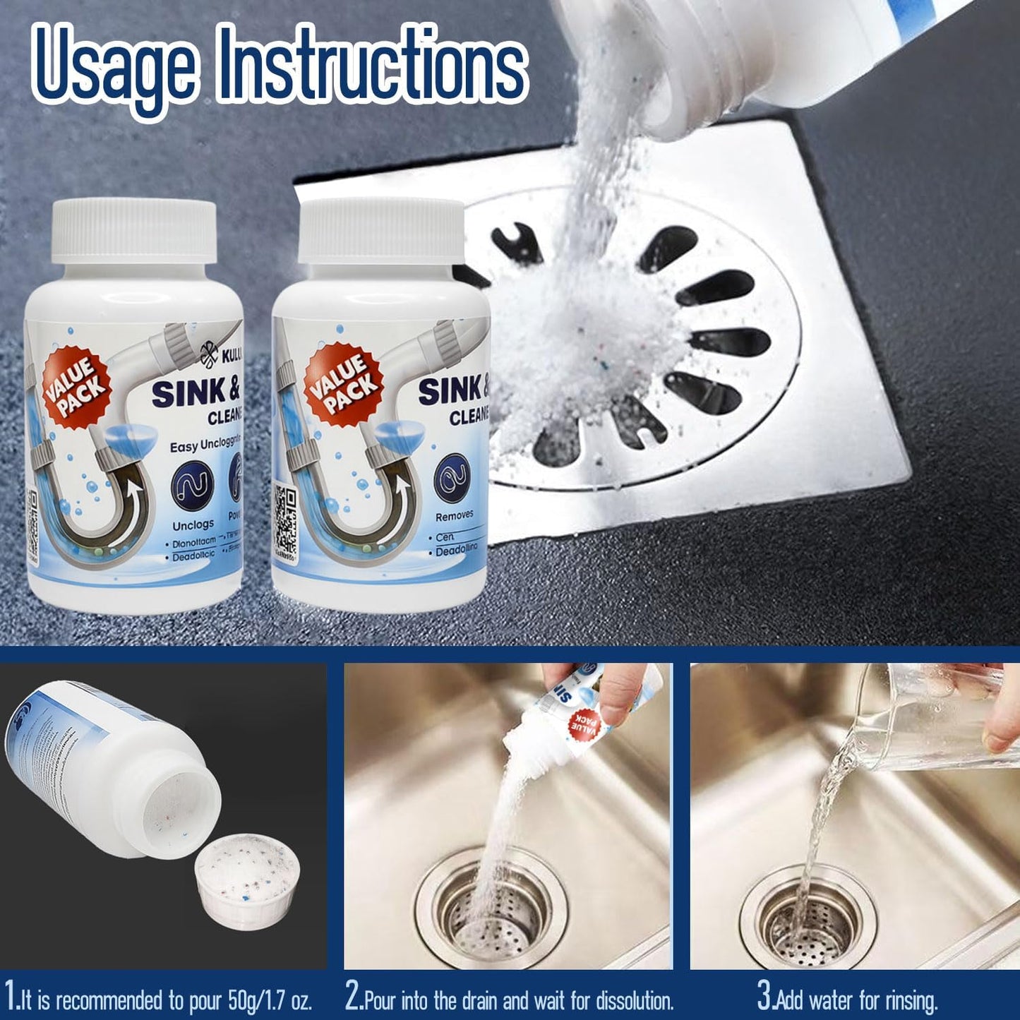 Pipe Dredge, Powerful Foaming Sink & Drain Cleaner Powder for Kitchen, Toilet & Pipeline Cleaning, Fast-Acting Clog Remover (2pcs or 4pcs) (4 bottles)