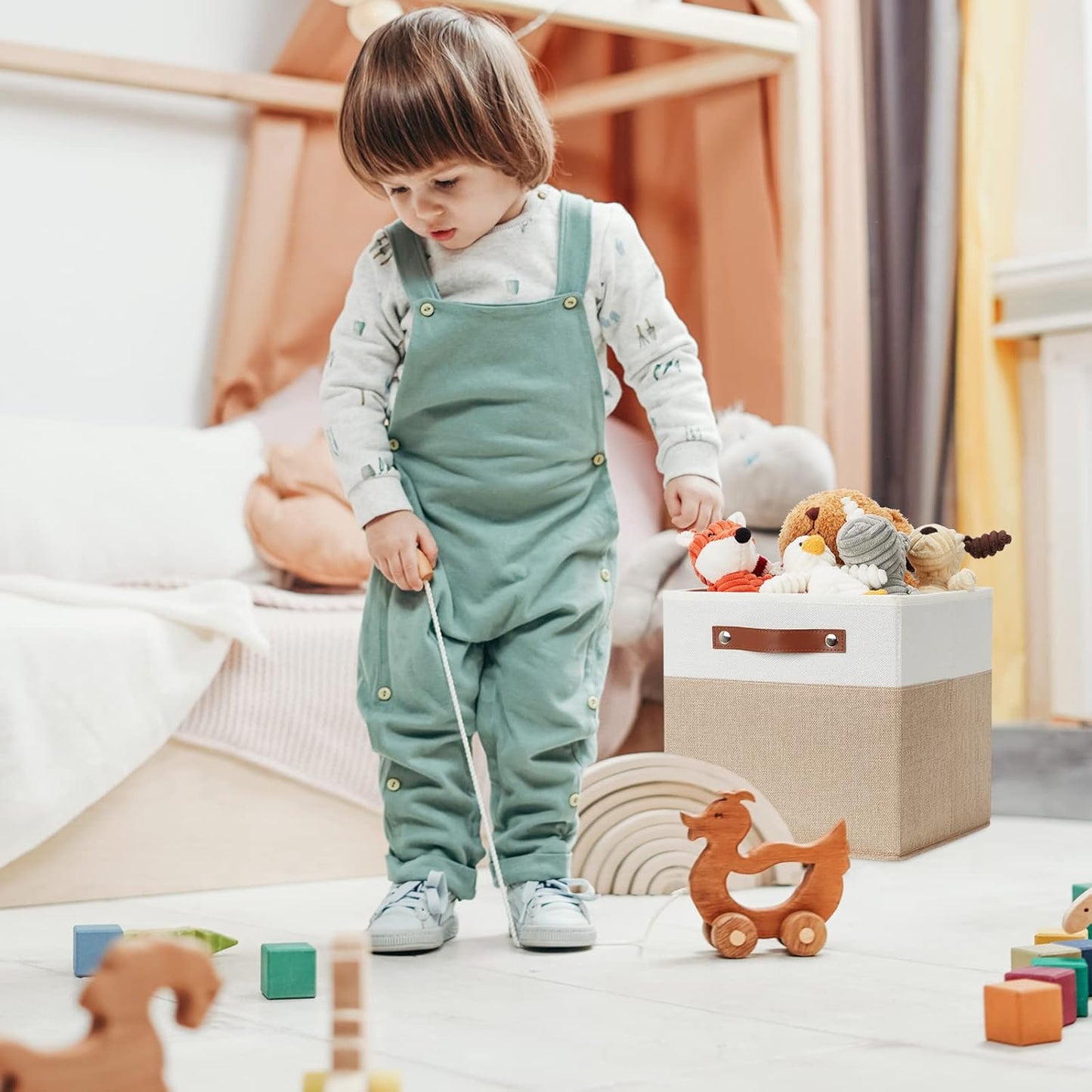 DULLEMELO 11 inch Cube Storage Bins,Fabric Storage Cubes for Organizing,Collapsible Foldable Linen Canvas Closet Storage Bins for Shelves Closet Bedroom Toys Home Office(White&Khaki)