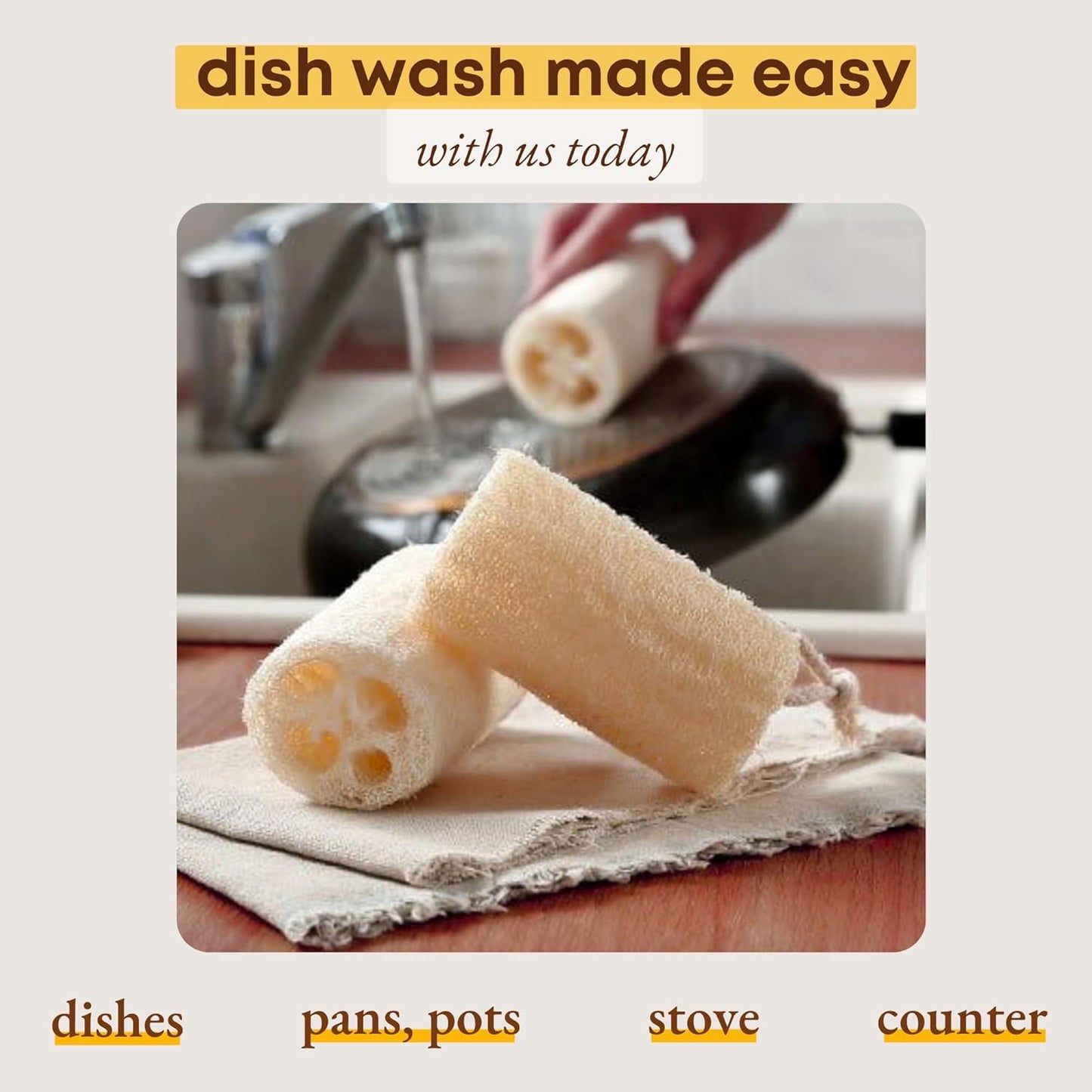 Natural Loofah Dish Sponge (Pack 4) - Vegetable Scrubber for Kitchen - 100% Biodegradable Compostable Dishwashing Scouring Pad Zero Waste