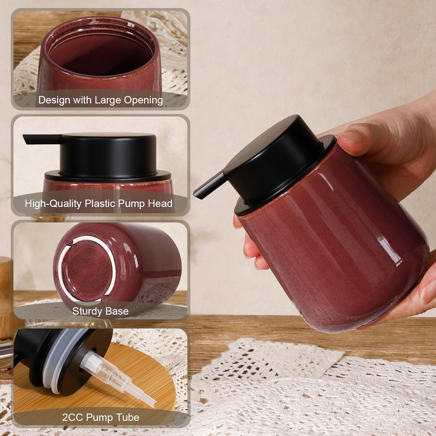 INGOFIN Ceramic Lotion Dispenser - 12 oz Refillable Hand Soap Dispenser Bathroom, Modern Liquid Soap Dispenser with Pump, Dish Dispenser for Kitchen,Kiln-Glazed Red Brown