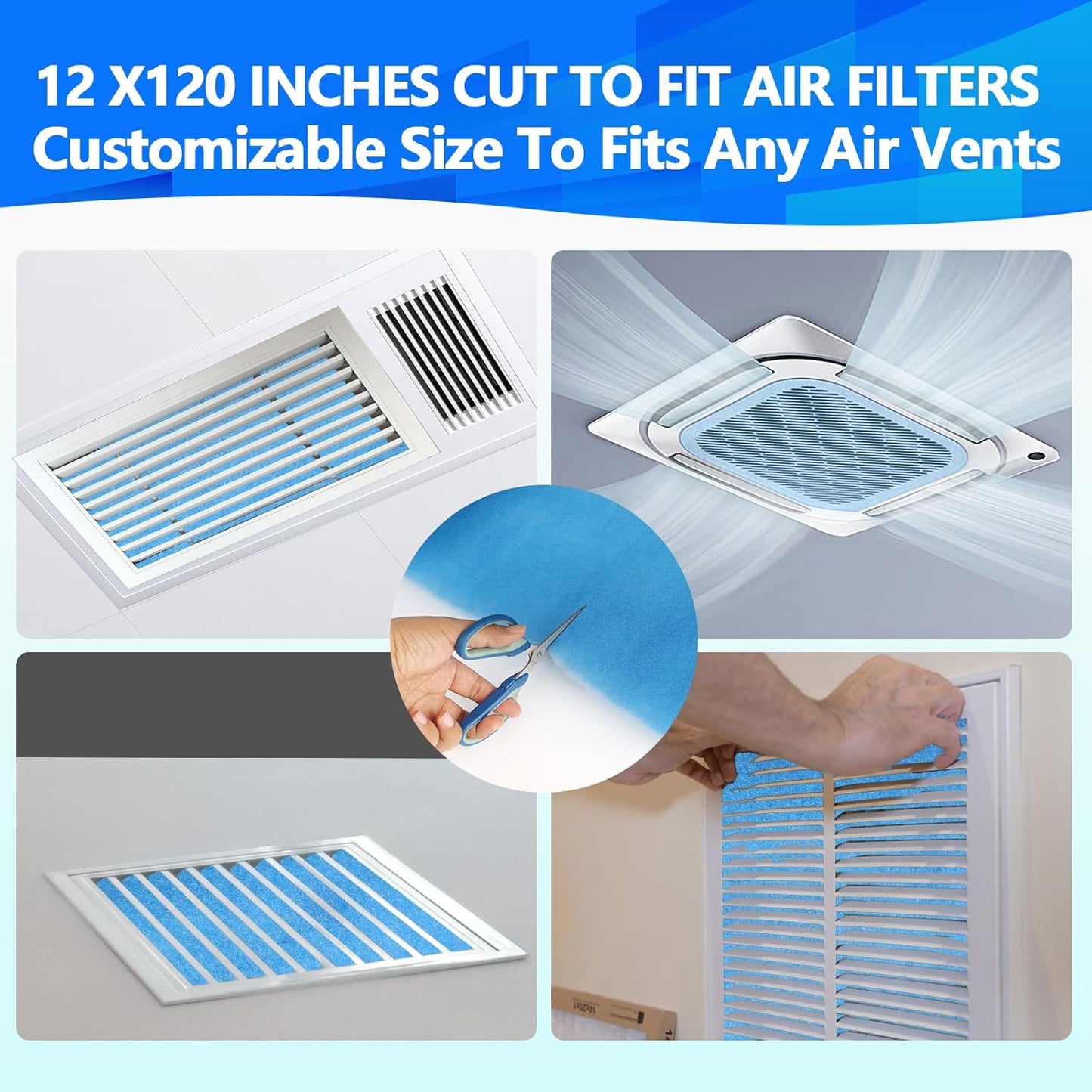 12" x120" Air Vent Filters, Cut to Fit Air Filter (50+ Filters), MERV 8 Triple Vent Filter for Home Floor, Ceiling, RV, HVAC Furnace Vents, With Adhesive Hook Tape and Installation Tape