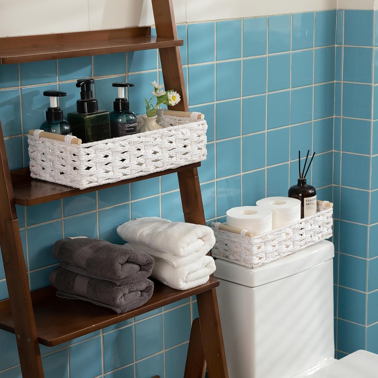 OIAHOMY Toilet Paper Baskets Handmade Paper Rope Decorative Wicker Storage Tank Shelf Cabinet Organizer for Bathroom Home, Set of 2, White