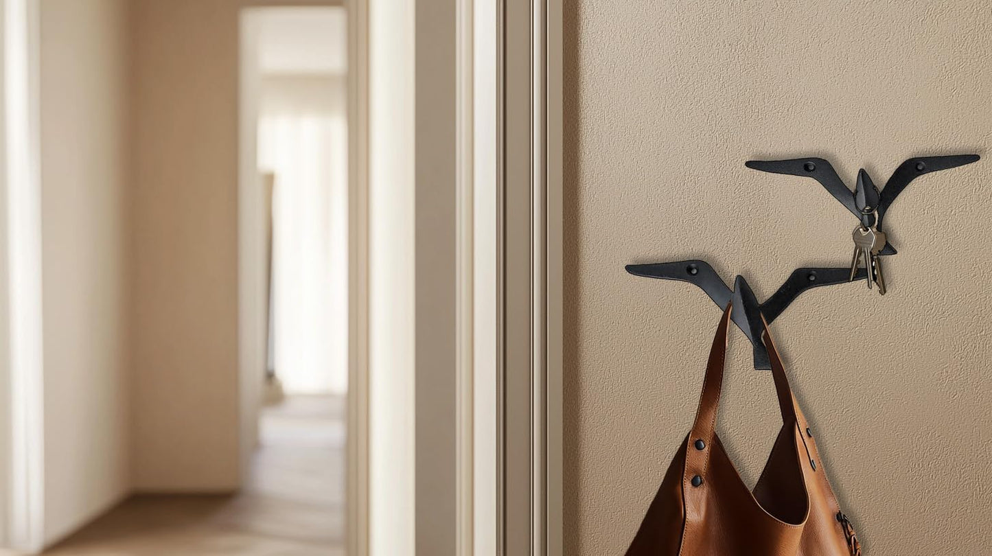 Ambipolar Iron Cast Decorative Gull Bird Wall Mounted Coat Hooks, Black, Set of 3