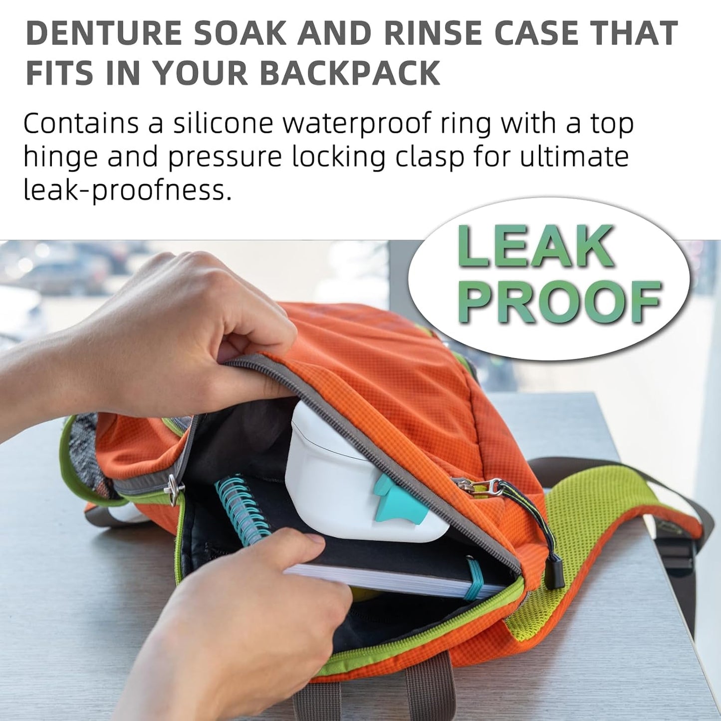 ARGOMAX Leak Proof Denture Bath Cup, Portable Soaking Denture Box, Denture Bath Case with Strainer, for Dentures and Braces, Upgraded Version with Storage Compartment (White + Cyan).