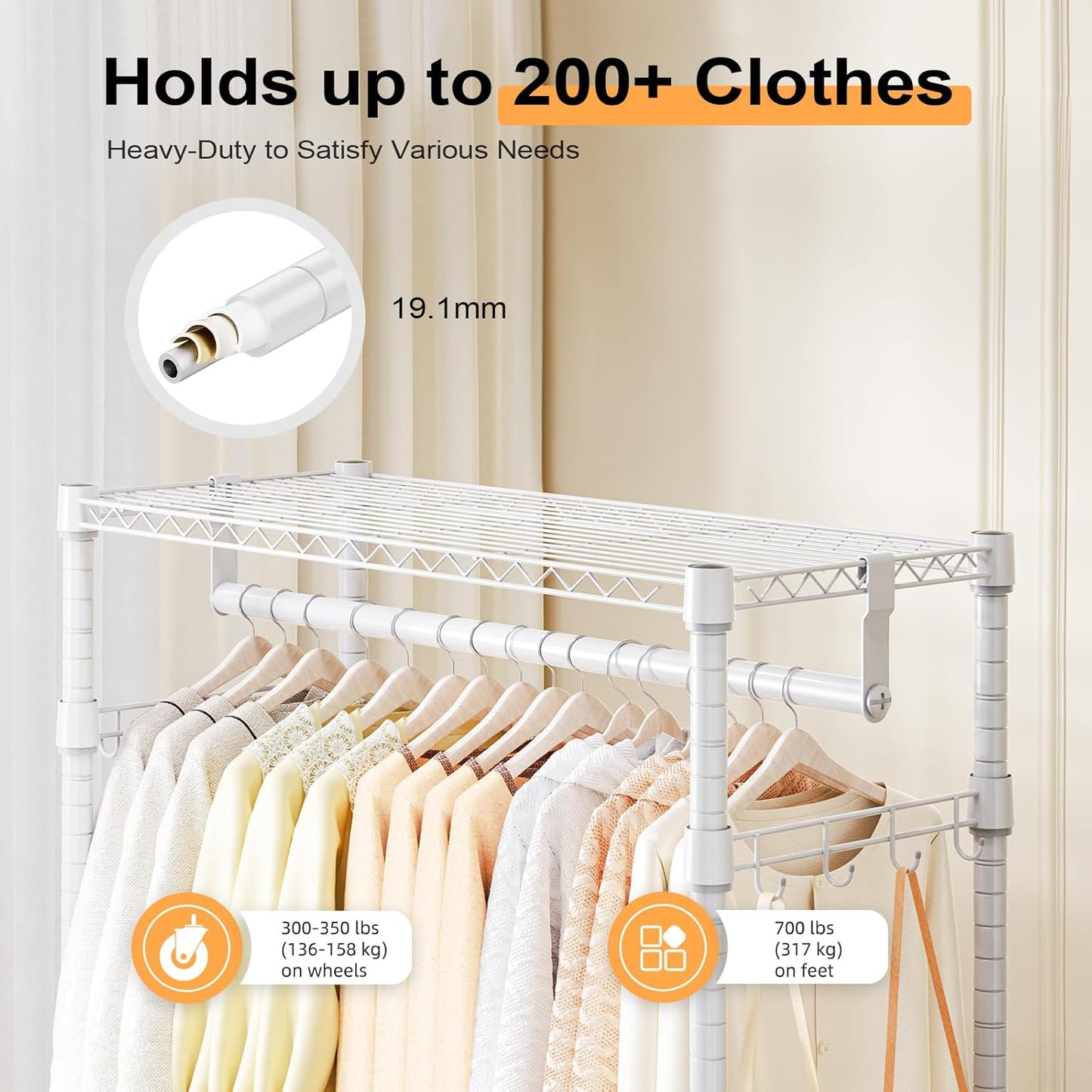 Heavy Duty Rolling Garment Rack 3 Tiers Adjustable Wire Shelving Clothes Rack with 2 Rods and Side Hooks,Storage Closet Clothing Rack with Wheels White 15.7" D x 29.5" W x 74.5" H