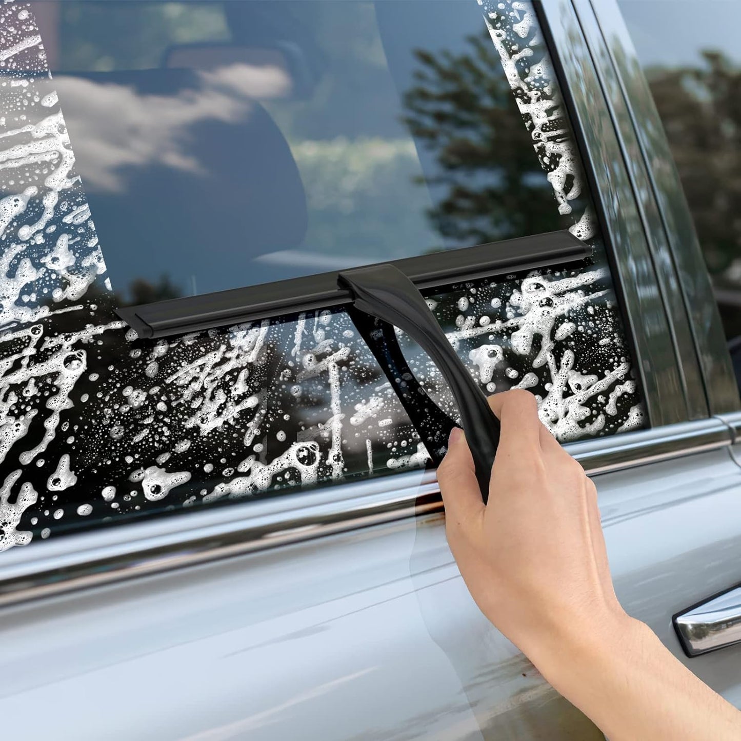 All-Purpose Stainless Steel Shower Squeegee for Shower Doors with 2 Adhesive Hooks, Bathroom Cleaner Tool Household Window Mirror Squeegee for Home Cleaning, Glass Door, Tile Wall, Car, 14 Inch Black