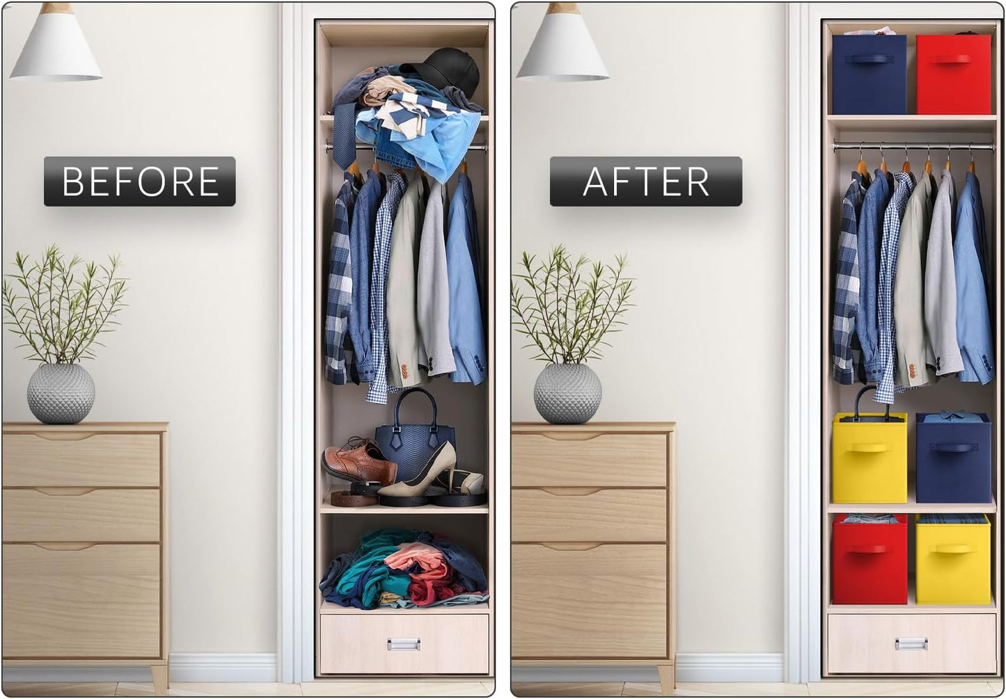 Sorbus Storage Cubes - 11" Foldable Storage Bins with Handle for Nursery, Playroom, Closet Organizers and Storage - 6 Fabric Shelf Basket for Toys, Books, Clothes - Yellow Navy & Red Storage Bins