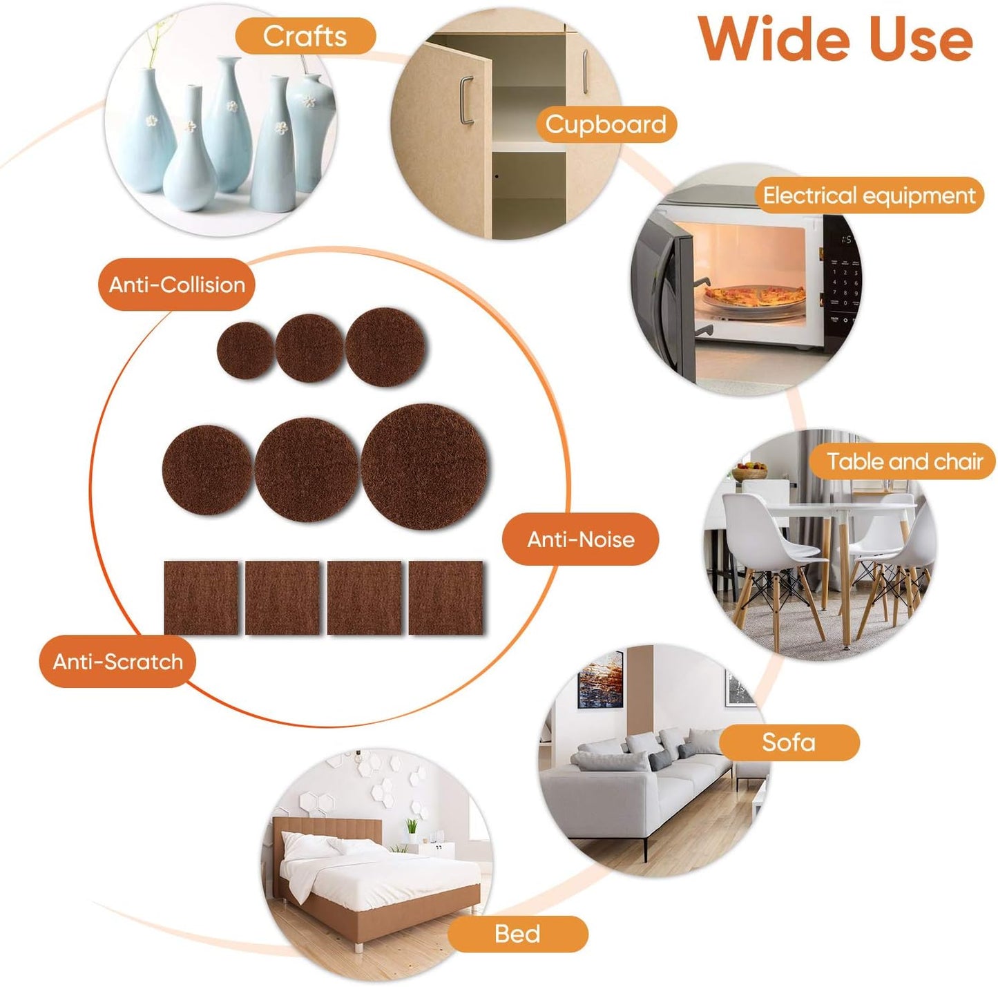 Furniture Pads Felt Pads 300 Pieces Huge Pack Furniture Felt Pads, Self Adhesive Anti Scratch Floor Protectors for Furniture on Hardwood Tile Floor, with 60 Cabinet Door Bumpers, Brown