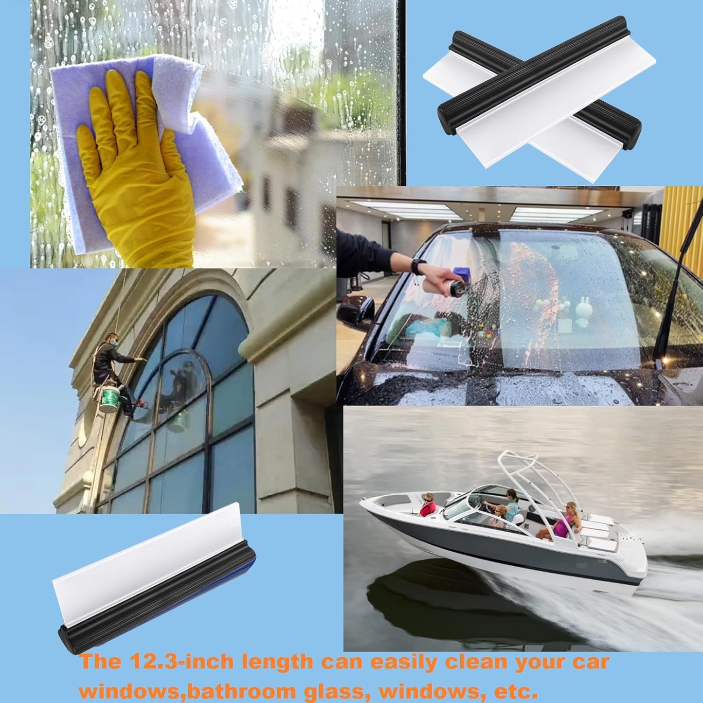 2pack 12inch Car Drying Squeegee Water Blade Universal Quick Drying Squeegee Wiper Flexible T-Bar Water Blade Silicone Squeegee for Car,Glass,Windshield,Bathroom Black Handle