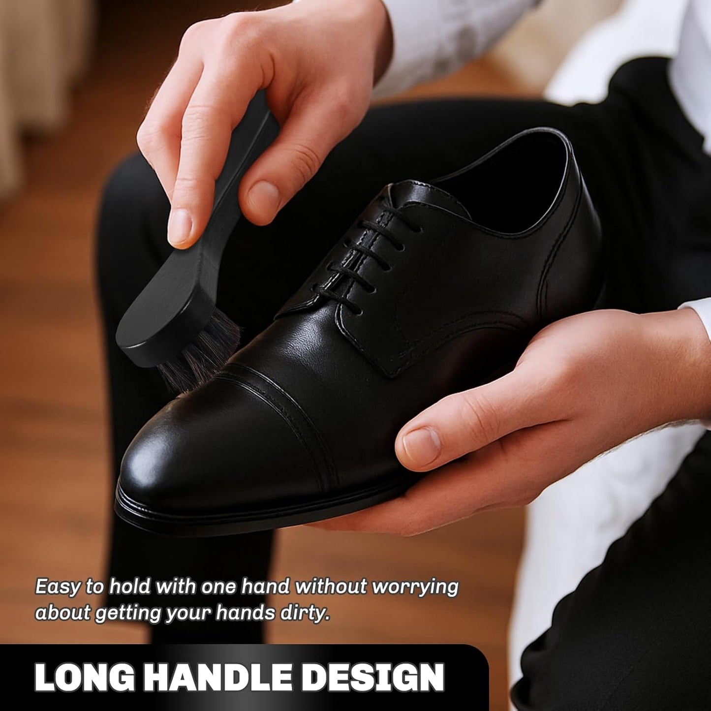 4 Pcs Horsehair Shine Shoes Brush Kit Polish Dauber Applicators Cleaning Leather Shoes Boots Care Brushes Suede Cleaner Brush with Microfiber Shoe Cloth(Black Handle A)