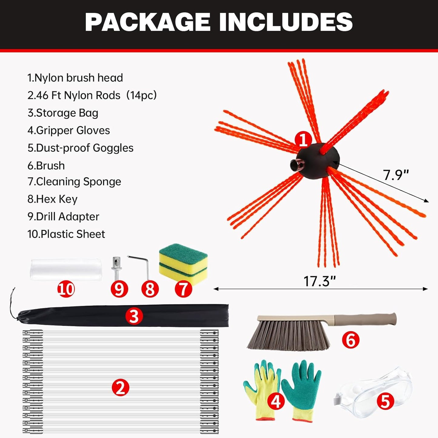 Chimney Sweep Kit - 46 Feet, Chrome Button Locking System, 14 Flexible Rods
