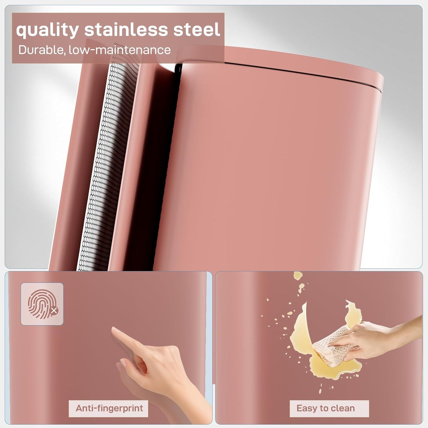 Arlopu 8/13.2 Gallon Step Trash Can, Stainless Steel Garbage Bin, Soft-Close Rubbish Bin with Removable Plastic Inner Bucket, Fingerprint-Proof, Lid Dustbin, Suit for Kitchen Home (Pink, 50L)