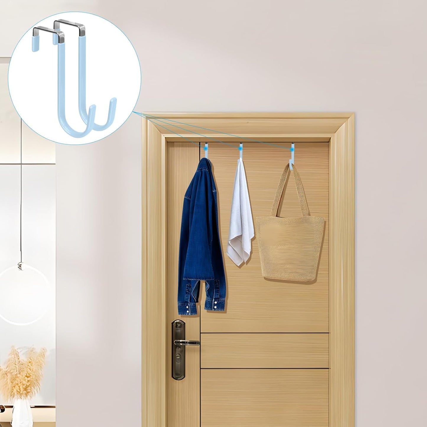 FYY Over The Door Hooks, 4 Pack Door Hangers Hooks with Rubber Prevent Scratches Heavy Duty Organizer Hooks for Living Room, Bathroom, Bedroom, Kitchen Hanging Clothes Towels Hats Coats Bags Cyan