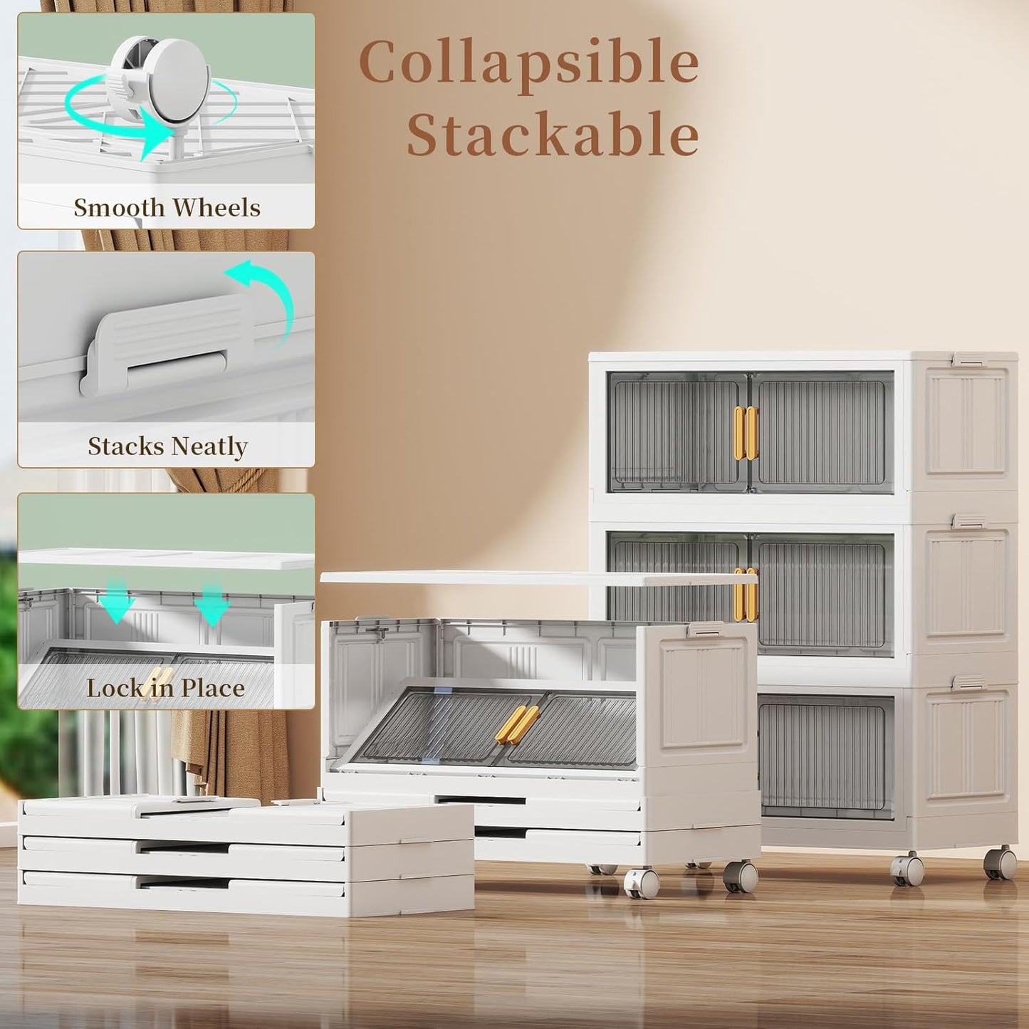 77Gal Stackable Plastic Storage Bins with Lids, Collapsible Closet Organizers and Storage with Wheels for Living Room,Office,Dorm, 30.5" W x 14.6" D x 40" H, 3 Tier