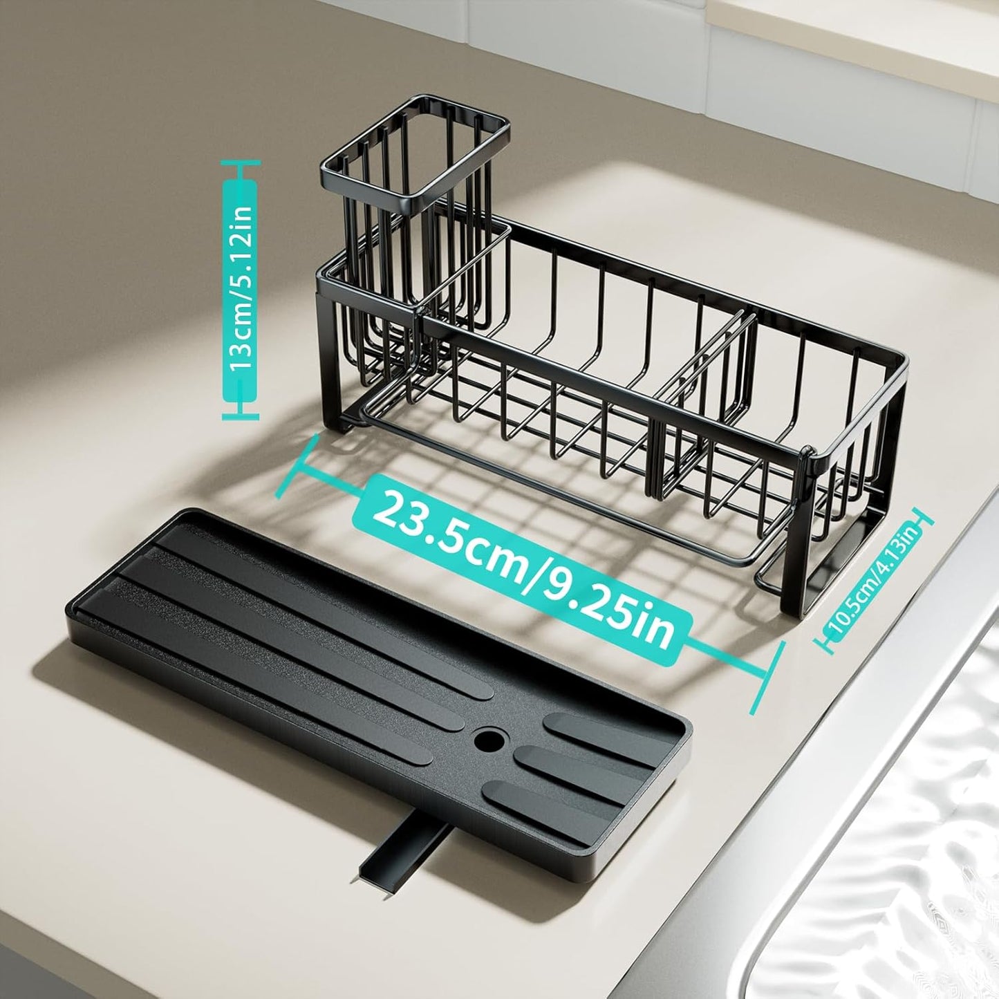 HapiRm Sponge Holder for Kitchen Sink - Self-draining Sink Caddy with Brush and Dishcloth Holders, Stainless Steel Kitchen Organizer for Countertop - Black