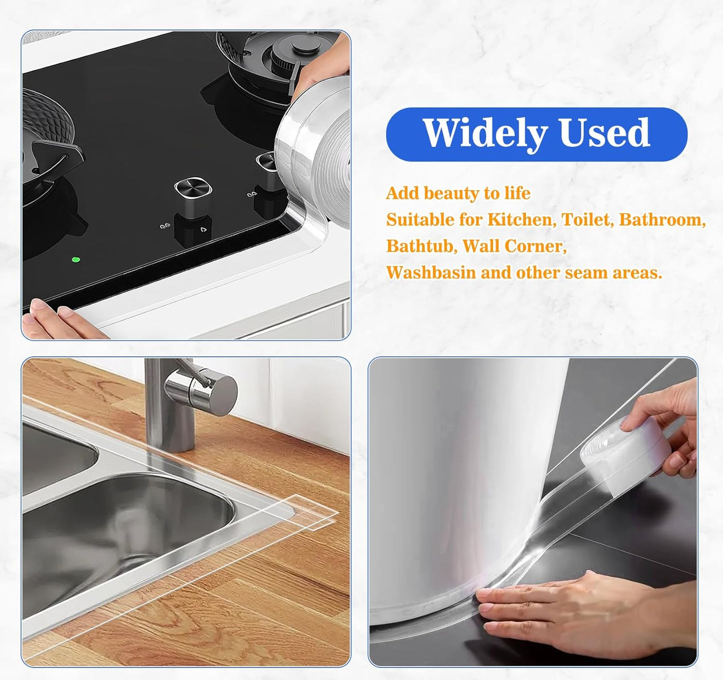 ABSOFINE Caulk Tape Waterproof Self Adhesive, Clear Toilet Caulk Sealant Tape, Shower Seal Strip for Kitchen, Countertop, Bathroom, Sink Bathtub Toilet Edge Protector with Sealing Tool (1.97"x16.4Ft)