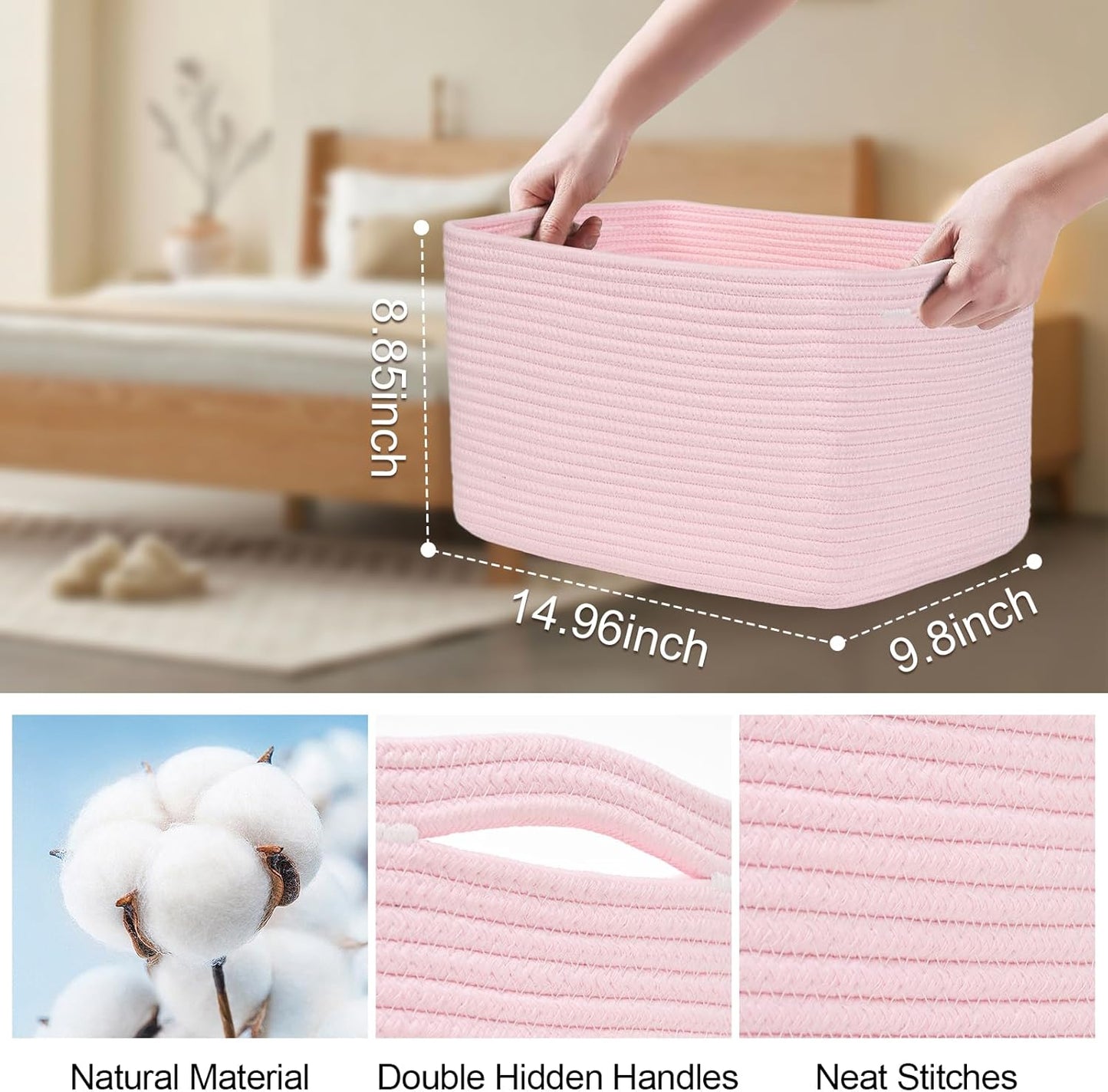 3-Pack Shelf Baskets for Organizing, Woven Storage Basket for Shelves, Cotton Rope Storage Bins for Toys Books, Nursery Towel Baskets for Classroom, 14.96"X9.8"X8.85", Pink