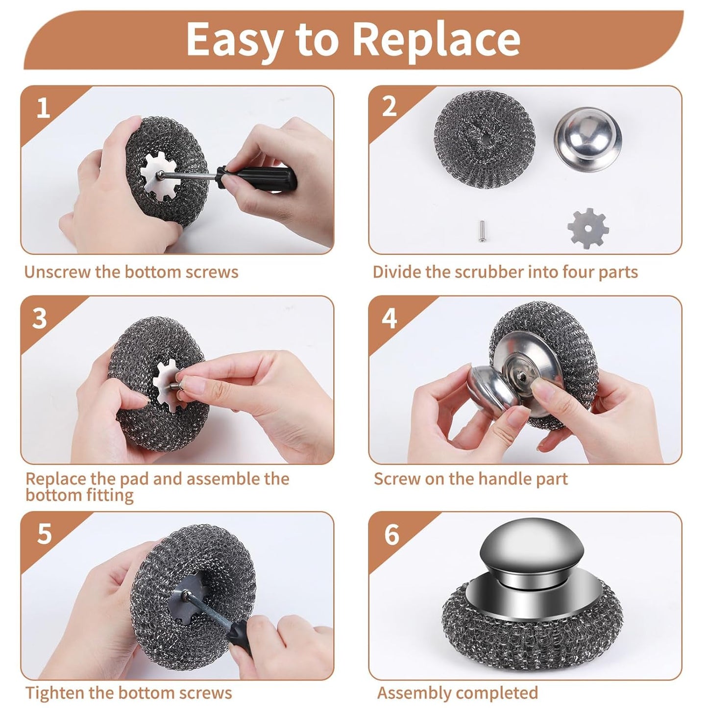 6PCS Steel Wool Scrubber Wire Sponge Set, Barbecue Grill Cleaning Scrubber Pads, Stainless Steel Scrubber Replacement for Scouring Messes from Cast Iron, Pots, Pans, Grill, Stoves, Sink (6 Pads)