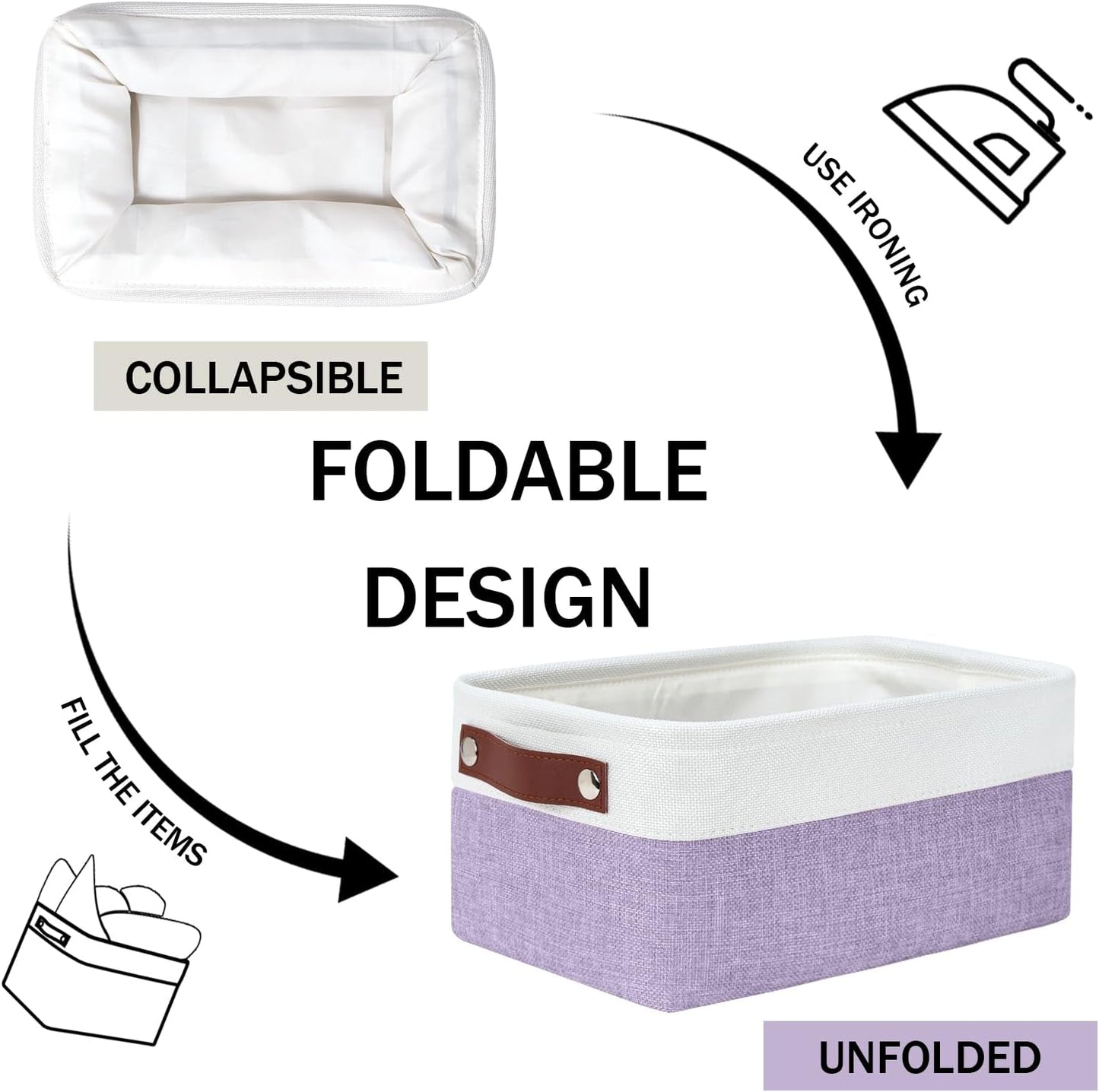 DULLEMELO Small Storage Baskets 6 Pack, Fabric Collapsible Gift Storage Baskets for Shelves, Closets, Nursery, Home, Office Organizing,Small Canvas Linen Rectangular Storage Bins (White&Purple)