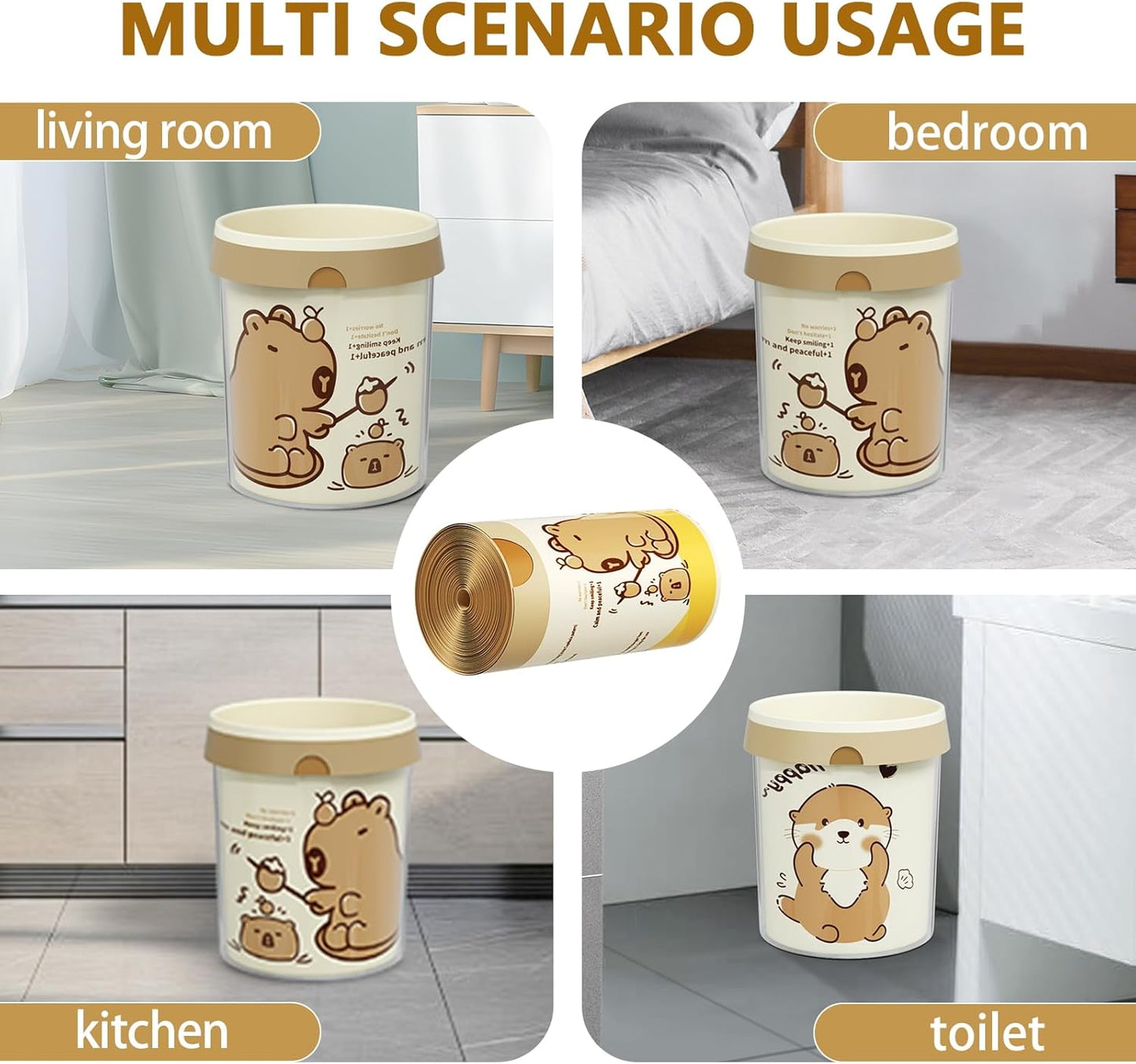 VOK 4 Gallon Trash Bags with Capybara Printed, Drawstring Small Garbage Bags, Tear-Resistant & Odor-Control Bathroom/Kitchen Trash Can Liners, Bathroom Trash Bags with Secure Tie, 50 Counts