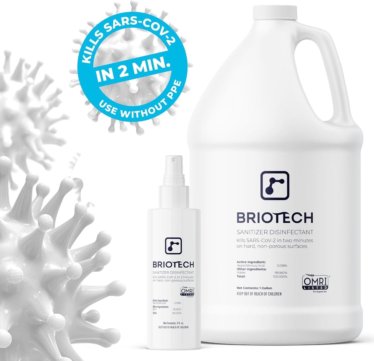 BRIOTECH Sanitizer Disinfectant Hypochlorous Spray, Kill 99.99% of Viruses & Bacteria, Control Mold, Eliminate Odor, Gentle for Nurseries, Food Contact Surface Sanitizer, 2 fl oz Travel Size (2 Pack)