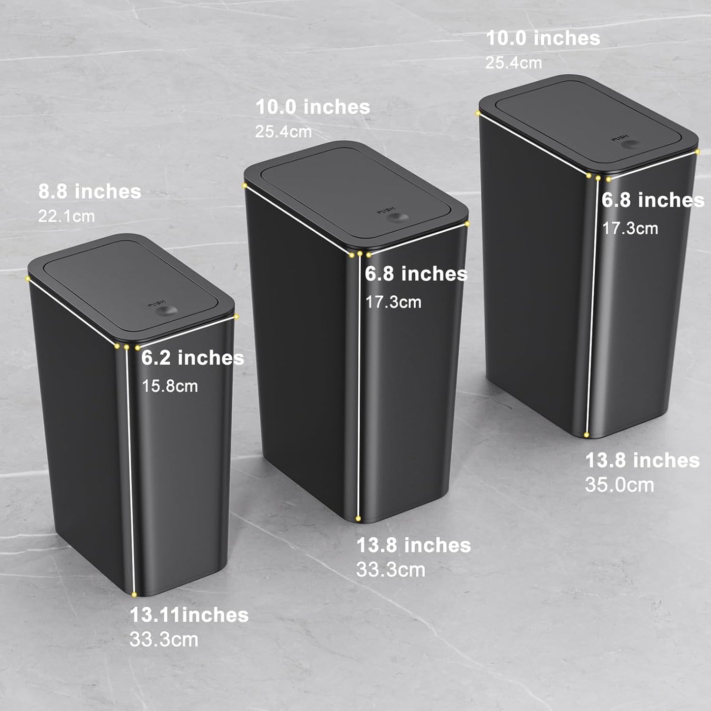 N. NETDOT Bathroom Trash Can with Lid 3 Pack Set, 2 Packs 4 Gal Slim Kitchen Trash Bin and 1 Pack 2.6Gal Garbage Can, Small Trash Can/Trash Bin/Waste Basket for Bedroom (Black, Pack of 3)