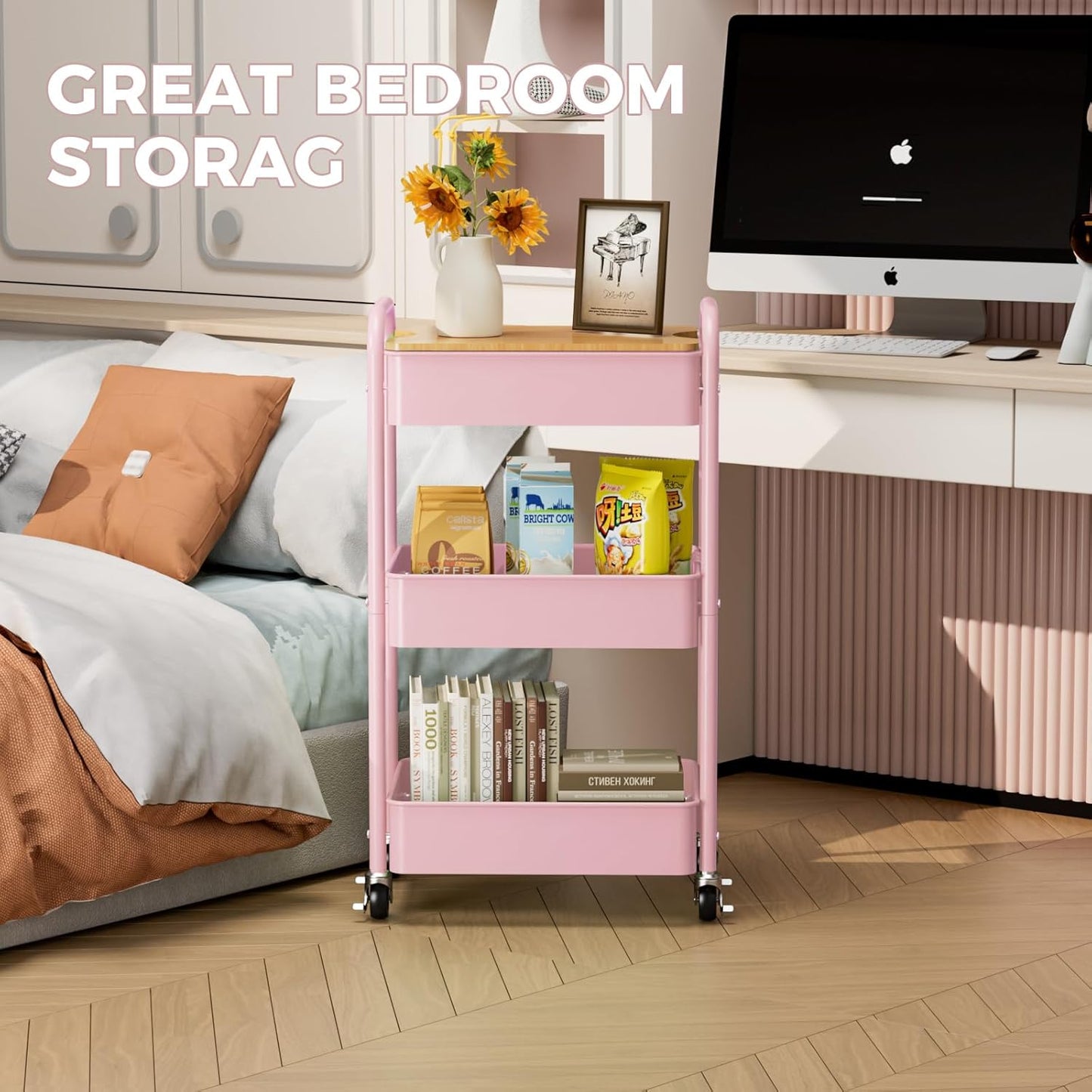 3 Tier Rolling Cart with Table top, Metal Rolling Utility Cart, Sturdy Storage Organizer Cart with Locking Wheels & Hooks for Office, Classroom, Kitchen and Bathroom,Pink