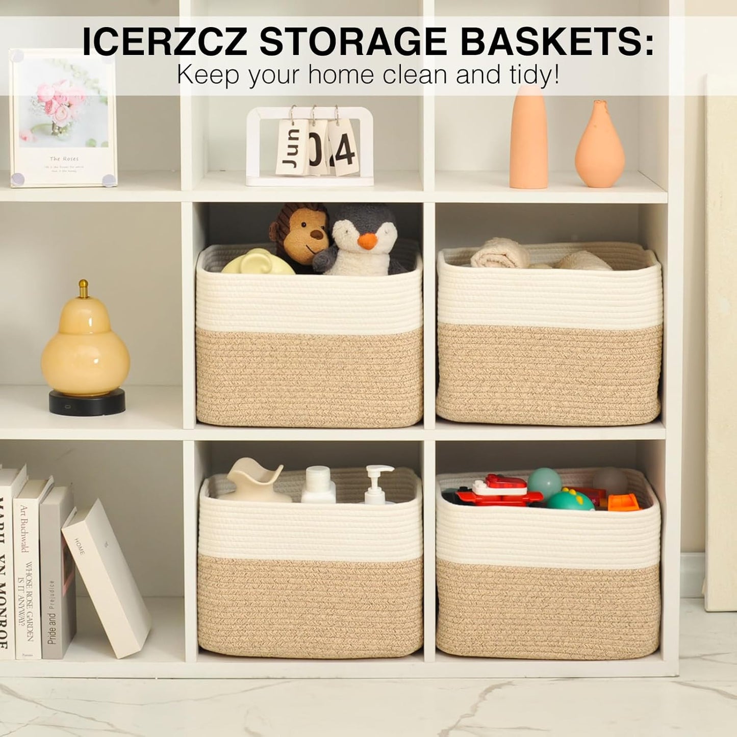 Storage Baskets for Organizing & Shelves, Woven Cotton Rope Organization Bins for Dog Toys, Clothes, Books, Nursery Organizer, 15" Lx11''Wx9.5''H, (4 Packs) Off White & Brown