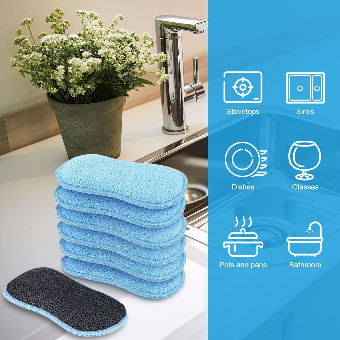 HOMEXCEL 12 Pack Multi-Purpose Scrub Sponges Kitchen, Dish Sponge, Non-Scratch Microfiber Sponge for Efficiently Cleaning Dishes, Pots, and Pans (Blue)