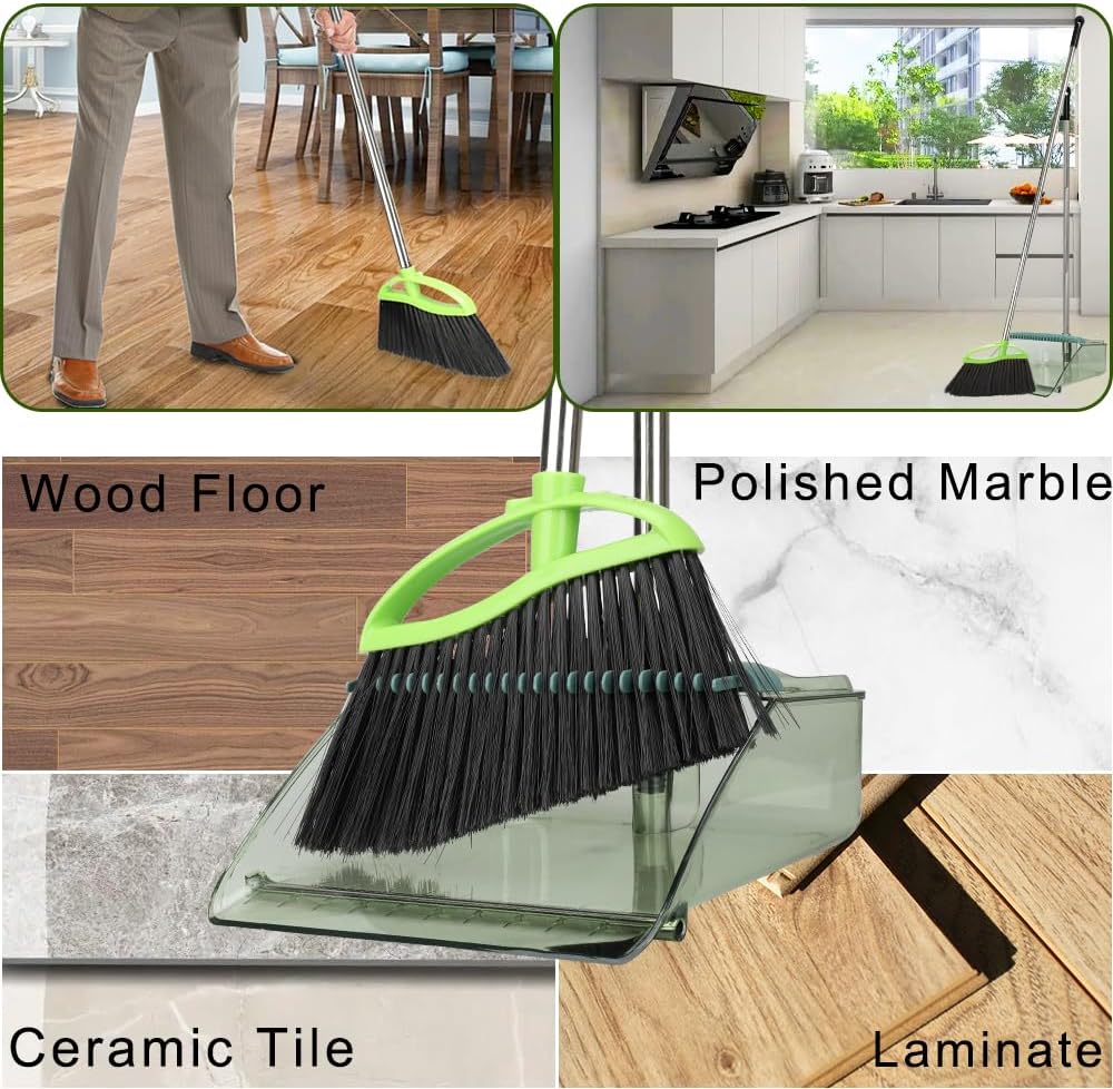 Soft Bristles Green Angle Broom and Dustpan Set, Long Handle Household Indoor Broom with Dustpan Combo Set for Room Kitchen Lobby Office Hardwood Floor Sweeping Floor Cleaning