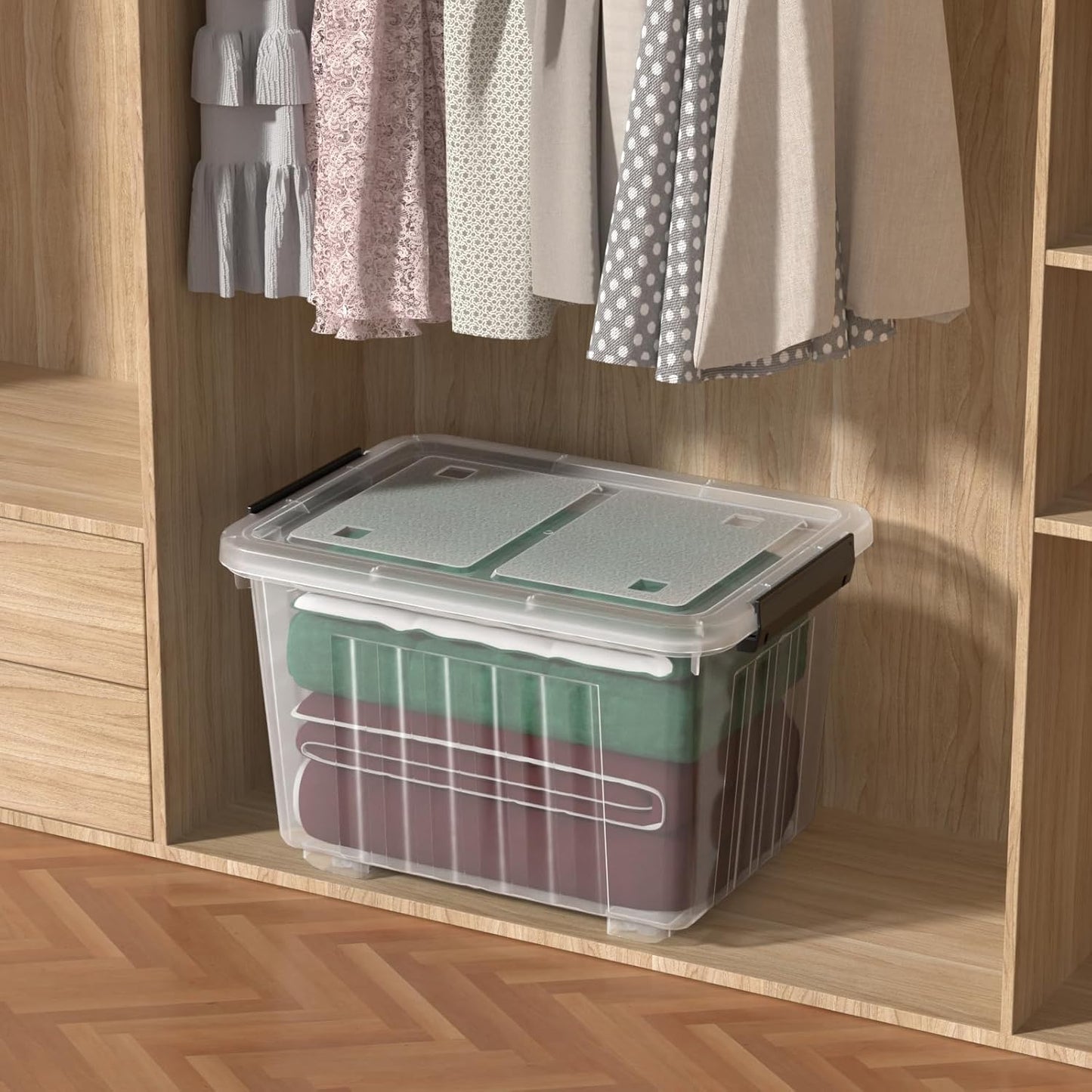 Kiddream 50 Quarts Clear Plastic Latching Boxes with Wheels, Large Storage Bins with Lids Set of 4