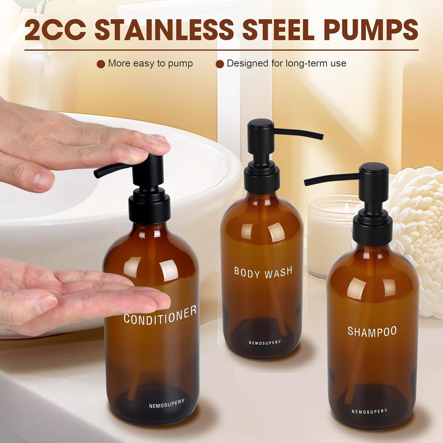 Glass Shampoo and Conditioner Dispenser-Shampoo Dispenser for Shower-16.9 fl oz Set of 3 Refillable Glass Bottles with Pump and Labels-Shower Soap Dispenser for Bathroom(Amber)