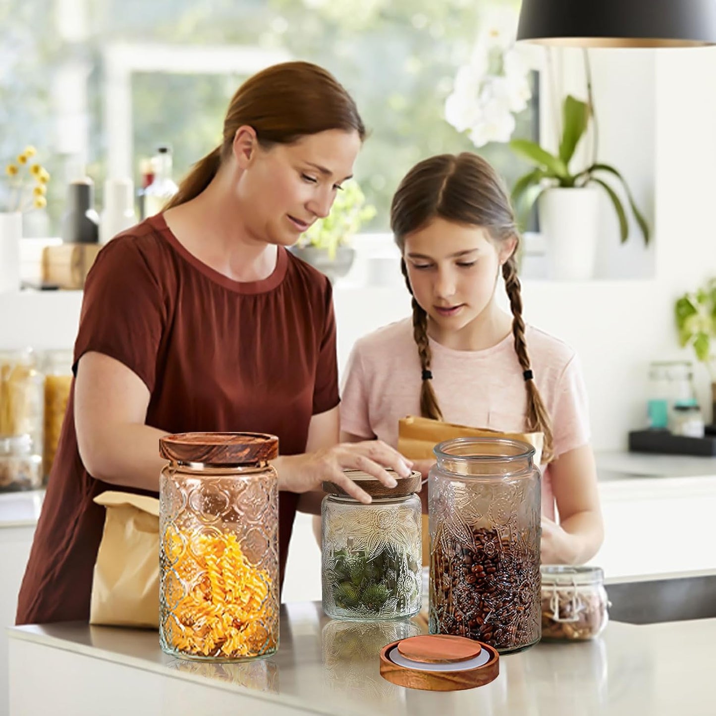 34 OZ Glass Storage Jar with Airtight Bamboo Wooden Lids, Vintage Food Containers Canisters Sets for Kitchen Counter Pantry, Sugar, Flour, Candy, Tea, Coffee Beans, Oats, Grain Bin, Pasta, Cereal