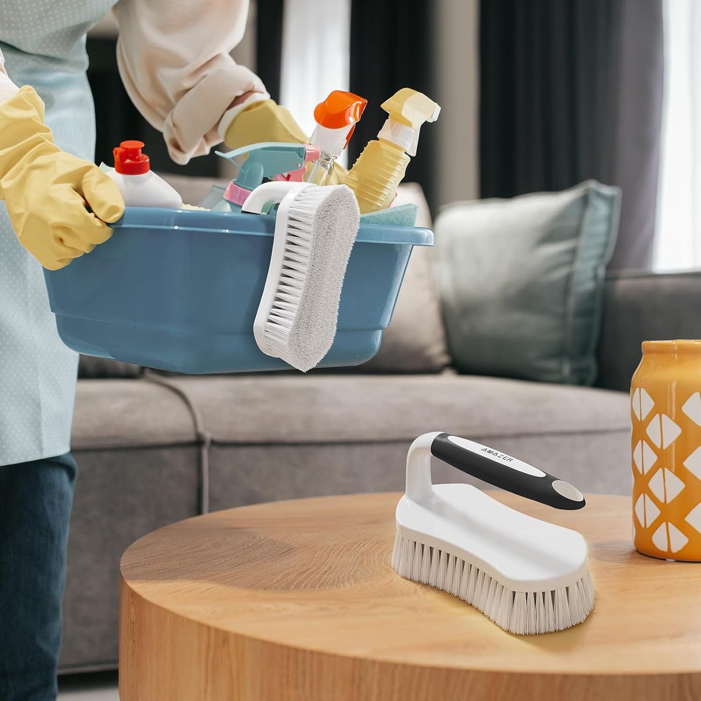 Amazer Scrub Brush for Cleaning Comfort Grip Shower Scrubber Stiff Bristles with Handle Heavy Duty Cleaner Brush for Tub Sink Carpet Floor - Pack of 2 (Black+Black)