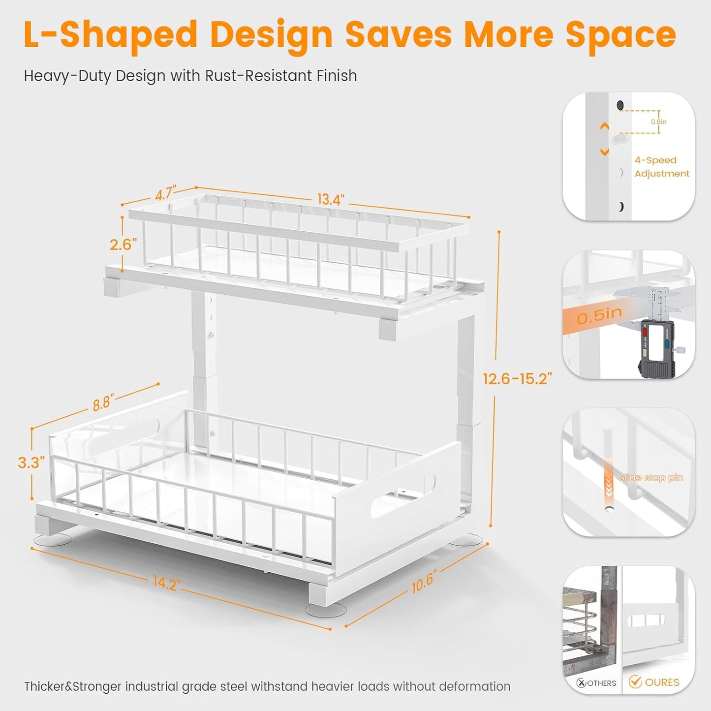 2 Pack Under Sink Organizer, 2-Tier Heavy Duty Metal Pull Out Cabinet Organizer Slide Out Sink Shelf Organizer Height Adustable, Multi-Purpose Storage Shelf for Kitchen Bathroom (White, 2 Pack)