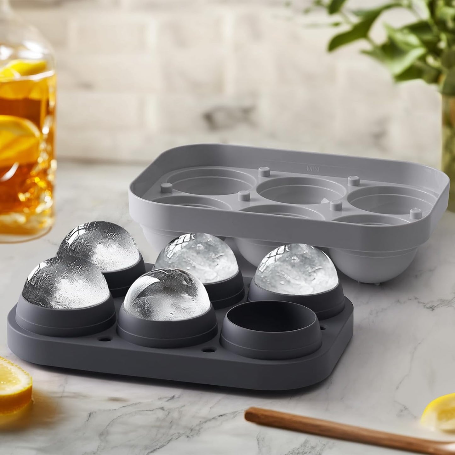 2.5inch Spherical Ice Ball Tray For Whiskey, Big Ice Freezer Mold for Cocktails,Easy Fill In & Release Ice Cube Mold, Durable &Reusable Spherical Ice Maker (Steel Grey)
