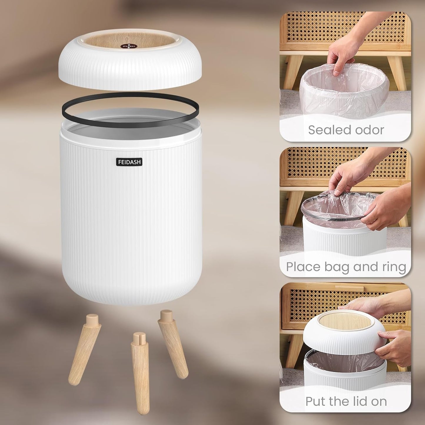 Bedroom Trash Can with Lid,3 Gallon / 11L Garbage Can with Pop-Up Lid, Small Trash Cans Plastic Waste Basket with Removable Legs for Bathroom, Kitchen, Bedroom, Office-White