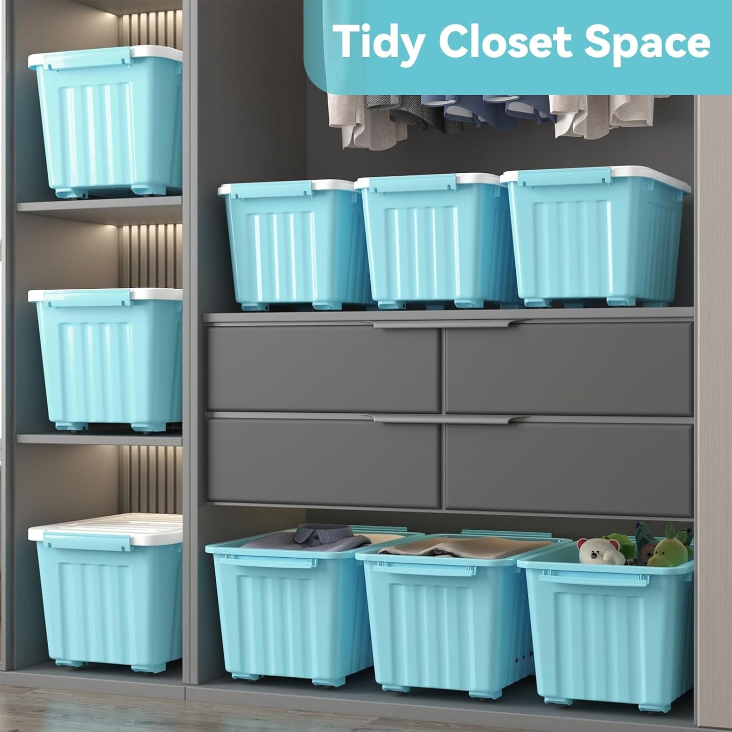 Nazhura 97 Quart Plastic Storage Bin, Stackable and Nestable Storage Boxes with White Lids and Secure Latching Buckles, Large Storage Container (Blue, 97Quart-6Pack)