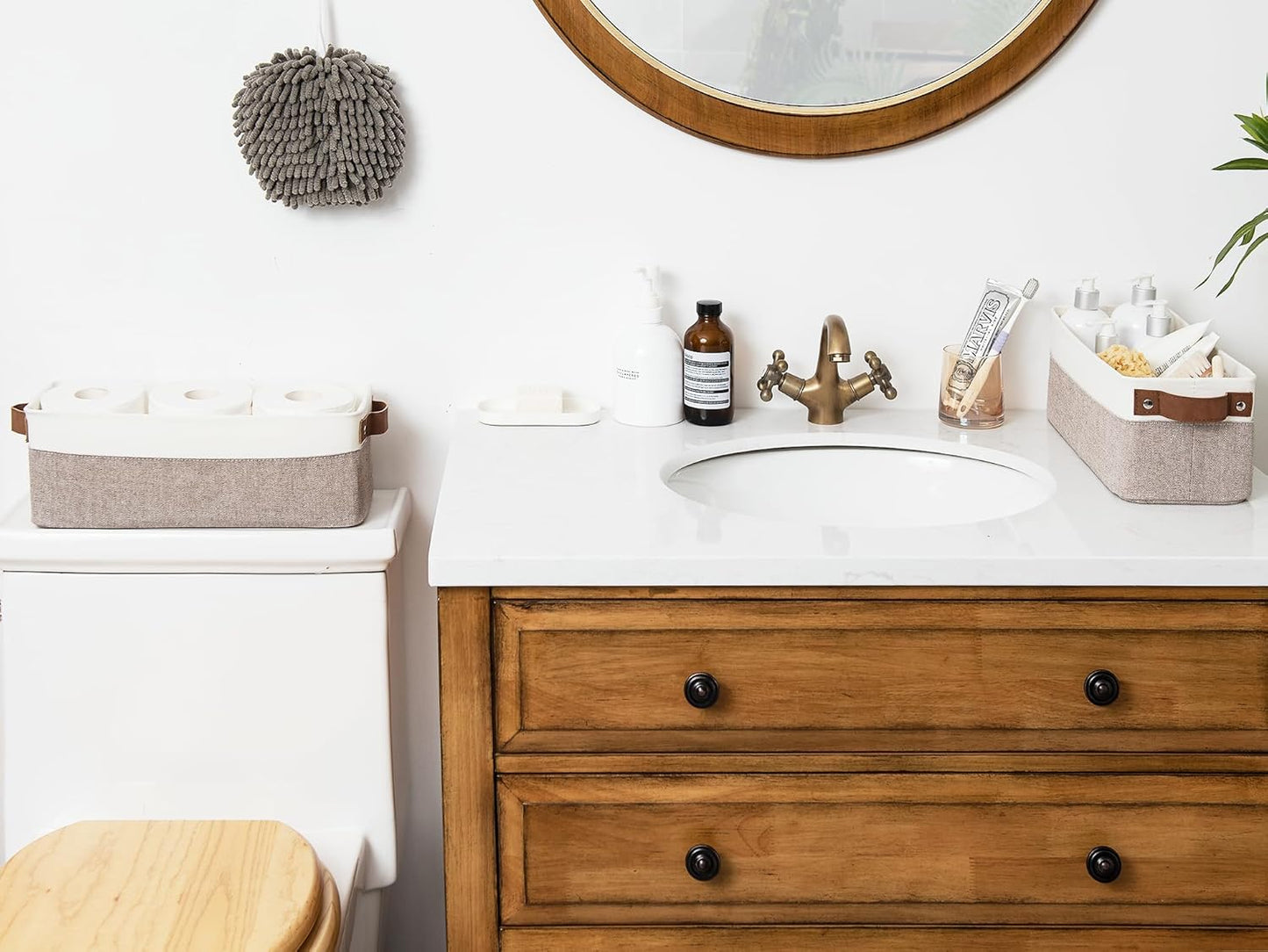 StorageWorks Narrow Storage Bins, Small Baskets for Organizing, Long Storage Basket with Handles, Fabric Storage Bins for Shelf, Brown and White, 2-Pack