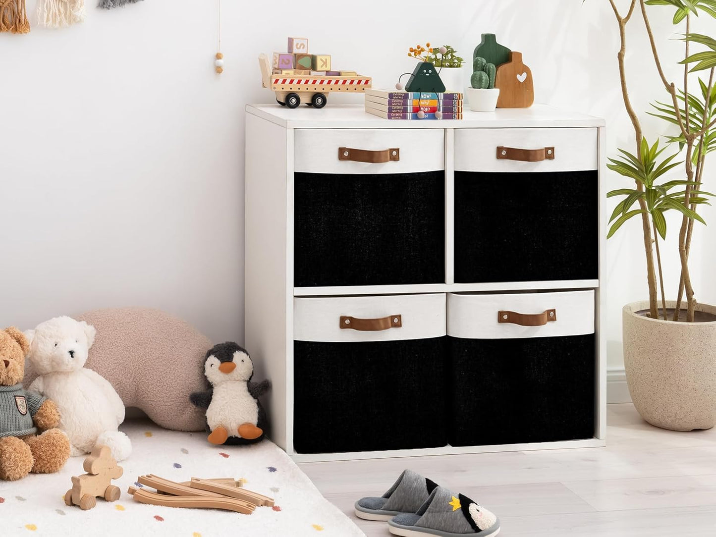 StorageWorks 13x13 Inches Storage Cube, Fabric Storage Bins with PU Handles, Collapsible Organizer Baskets for Closet, Black and White, 4-Pack