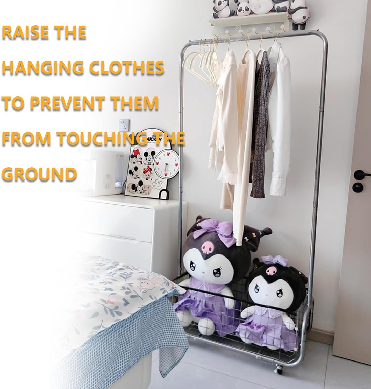 Garment Rack With Storage Baskets,Clothing Rack for Hanging Clothes, Multi-functional Bedroom Clothes Rack with Wheels for Bedroom, Living Room, Easy Assembly (24inch length)