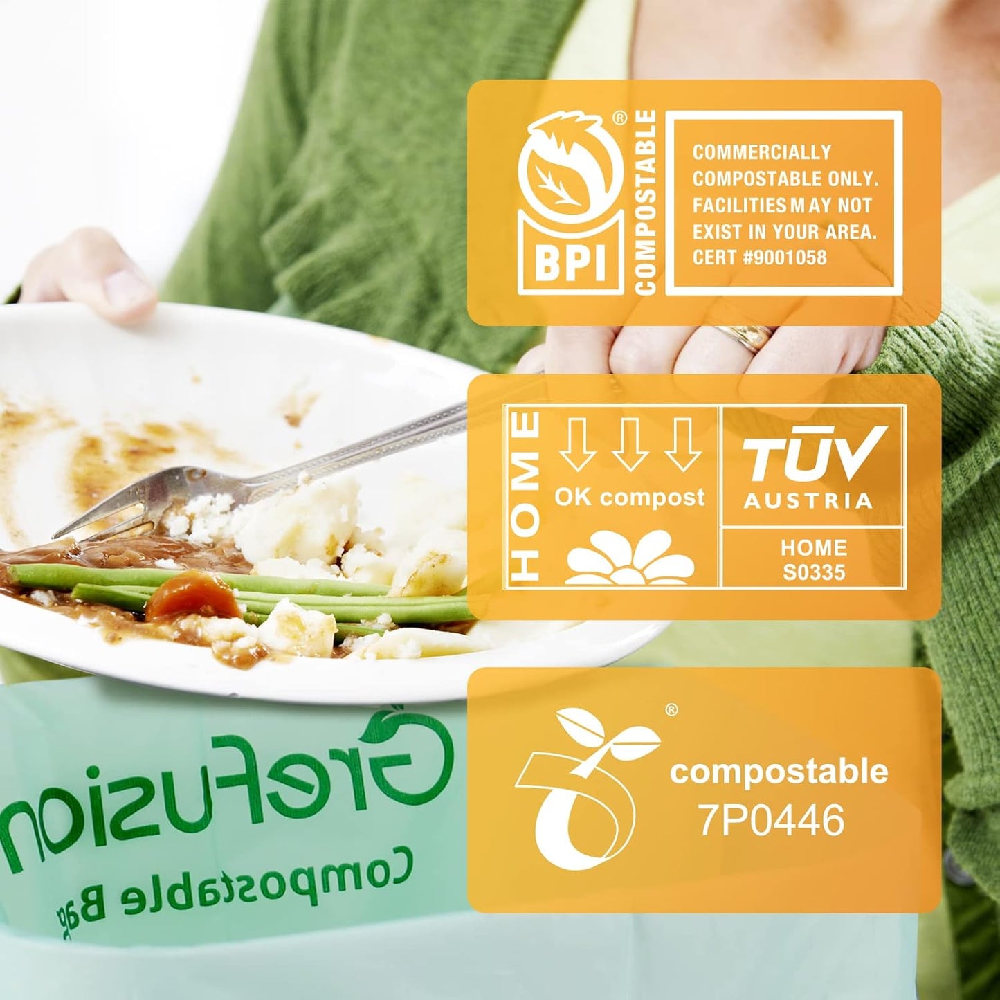 Compostable Trash Bags with handle-tie,Garbage Bags, 2.6 Gallon,Food Waste Bags,Small trash bags for compost bin kitchen,Certified by BPI and OK Compost (2.6G-50count)