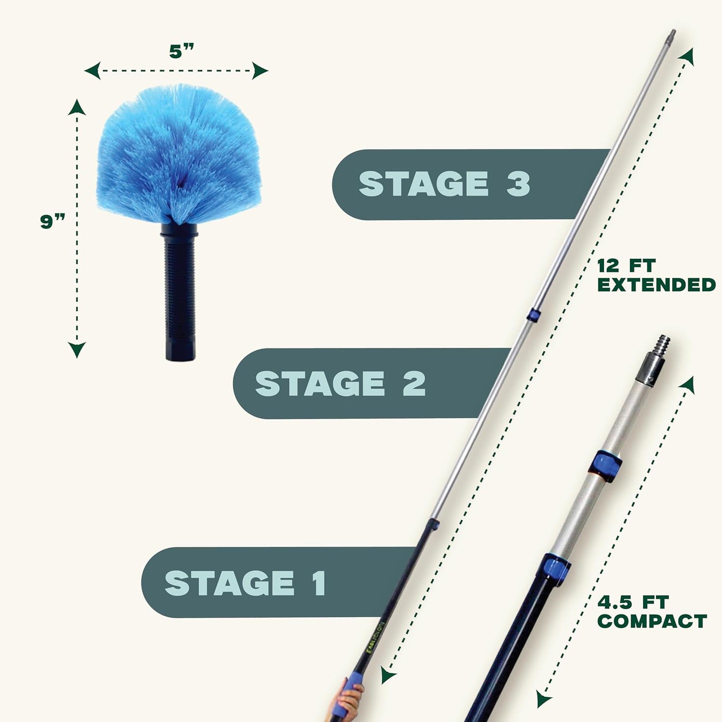 EVERSPROUT 1.5-to-3 Foot Cobweb Duster and Extension-Pole Combo (8-10 Ft Standing Reach, Soft Bristles) | Hand Packaged | Lightweight, 3-Stage Aluminum Pole | Indoor & Outdoor Use Brush Attachment