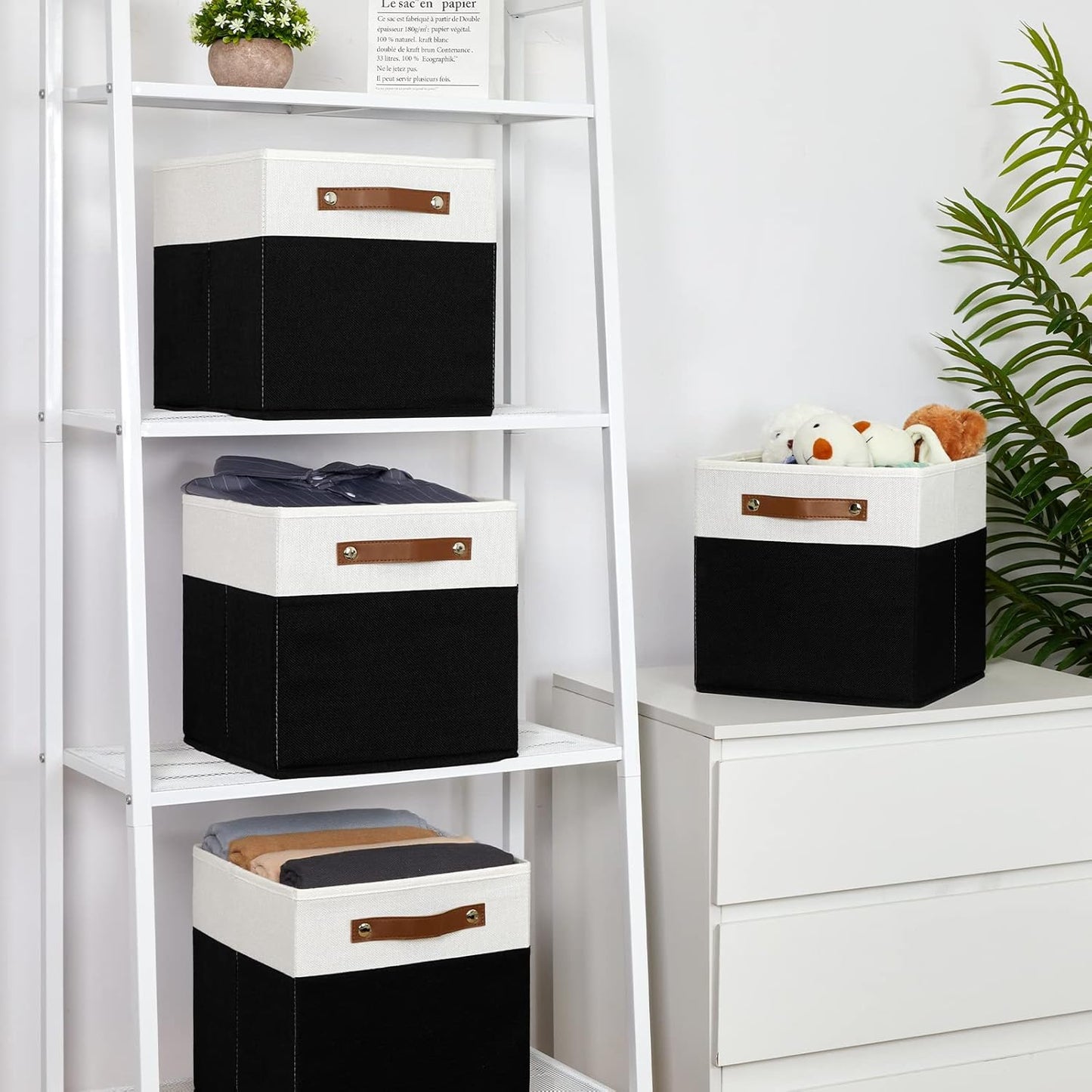 Temary 11 inch Cube Storage Bin 4 Pack Fabric Storage Cubes for Home, Fabric Storage Bin Storage Cube Bins with Leather Handles(White&Black)