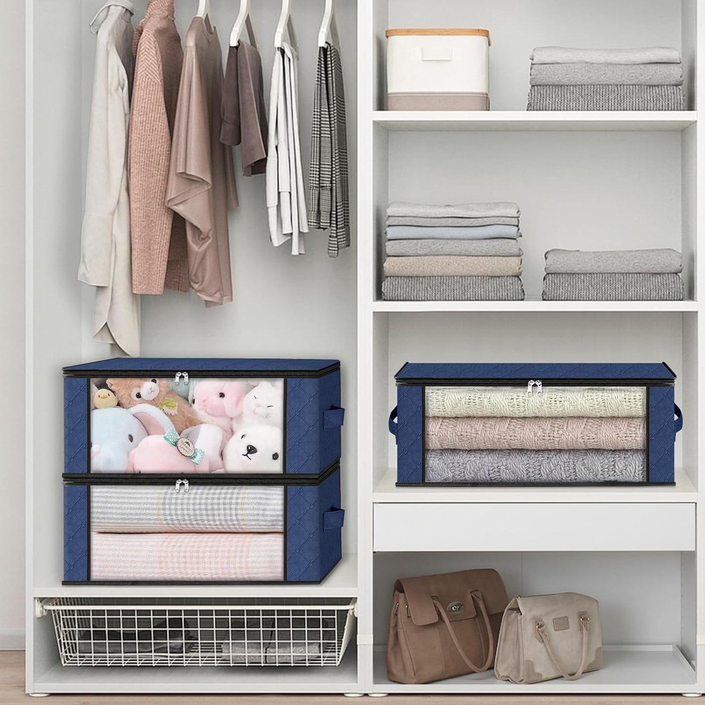 HomeHacks Storage 10-Pack Clothes Organizer Storage Bags Foldable Storage Box with Large Clear Window Sturdy Handles for Closet, Dorm, Pillows, Bedding, Clothes, Blankets, 35L, Blue