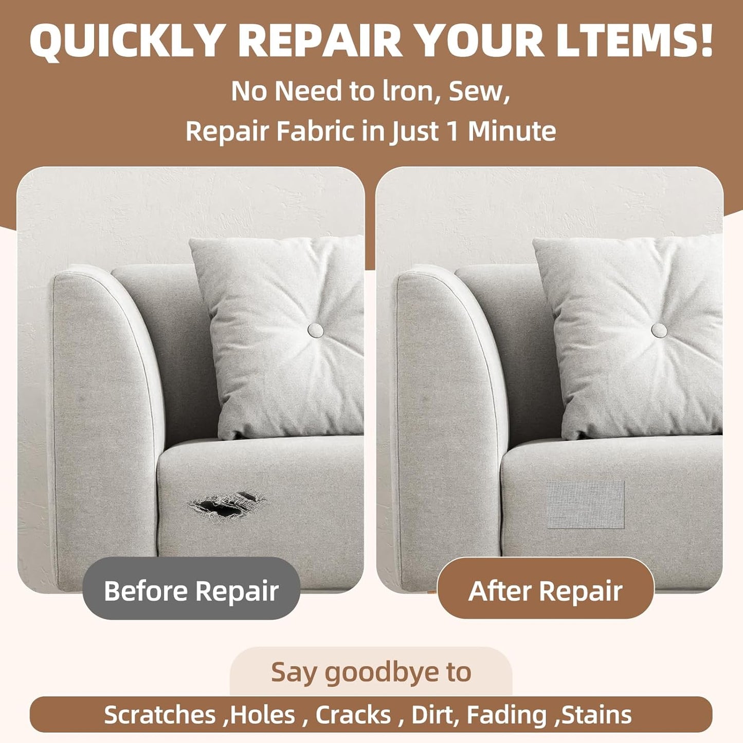 Fabric Repair Patch, 17X158 Inch Fabric Large Repair Tape, Self-Adhesive Patches for Furniture, Sofa, Car Interior, Shoes, Hand Bag, Clothing (Brown, 17X158 Inch)