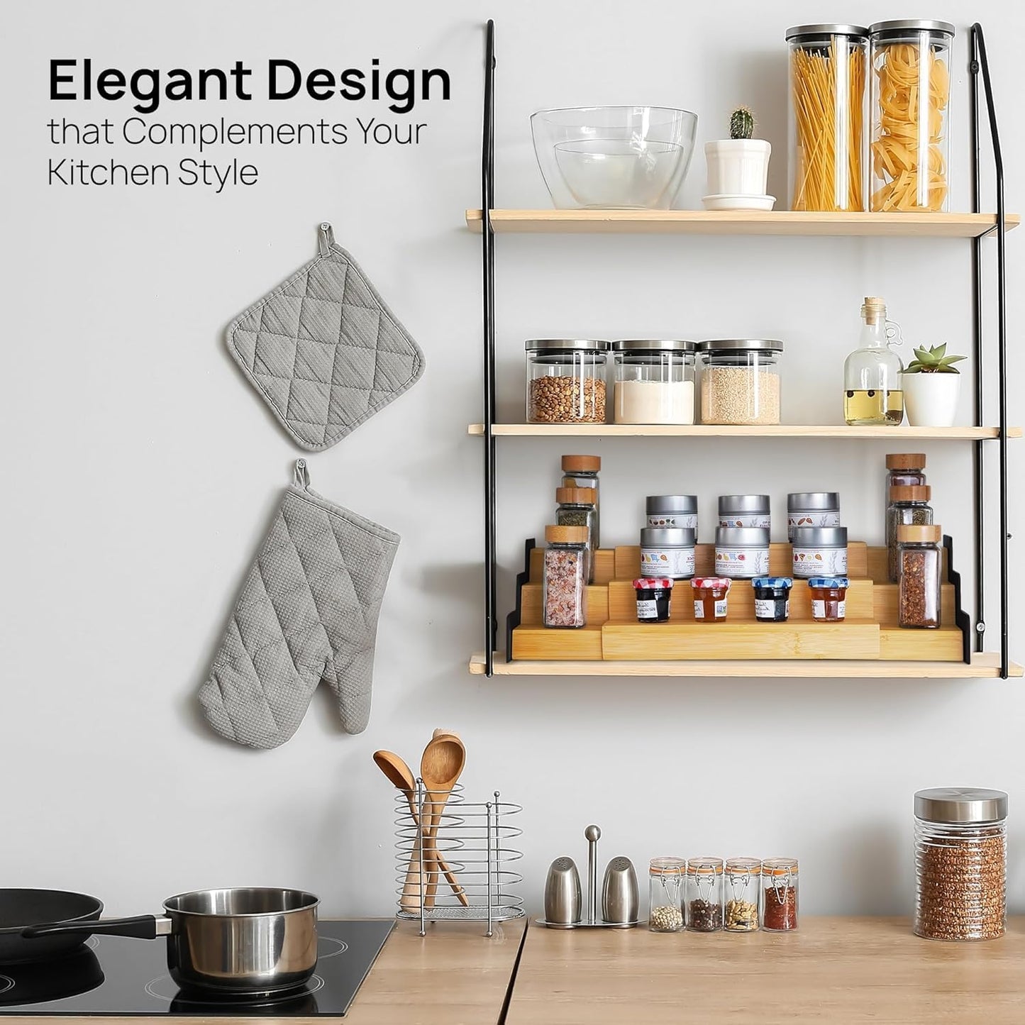 Ibyx Premium 3-Tier Spice Rack Organizer for Cabinet - Expandable Bamboo Spice Storage - Non-Skid Countertop Step Spice Shelf - Great for Kitchen Cabinet Countertop (Natural - Wide)