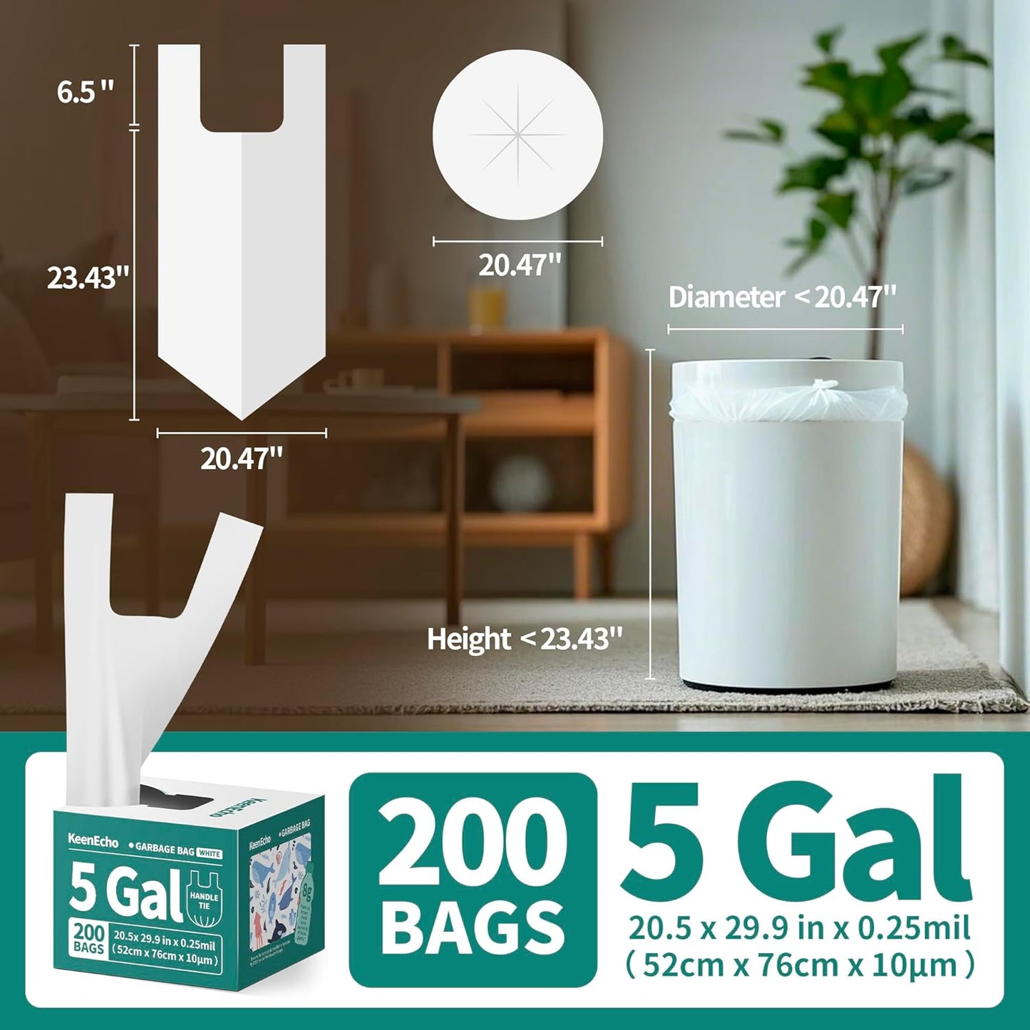 Small Trash Bags with Handles 5 Gallon 200 Count White - Ocean Plastic Upcycling - Plastic Garbage Bags, Can Bin & Waste Basket Liner for Kitchen, Bathroom, Office and Pets