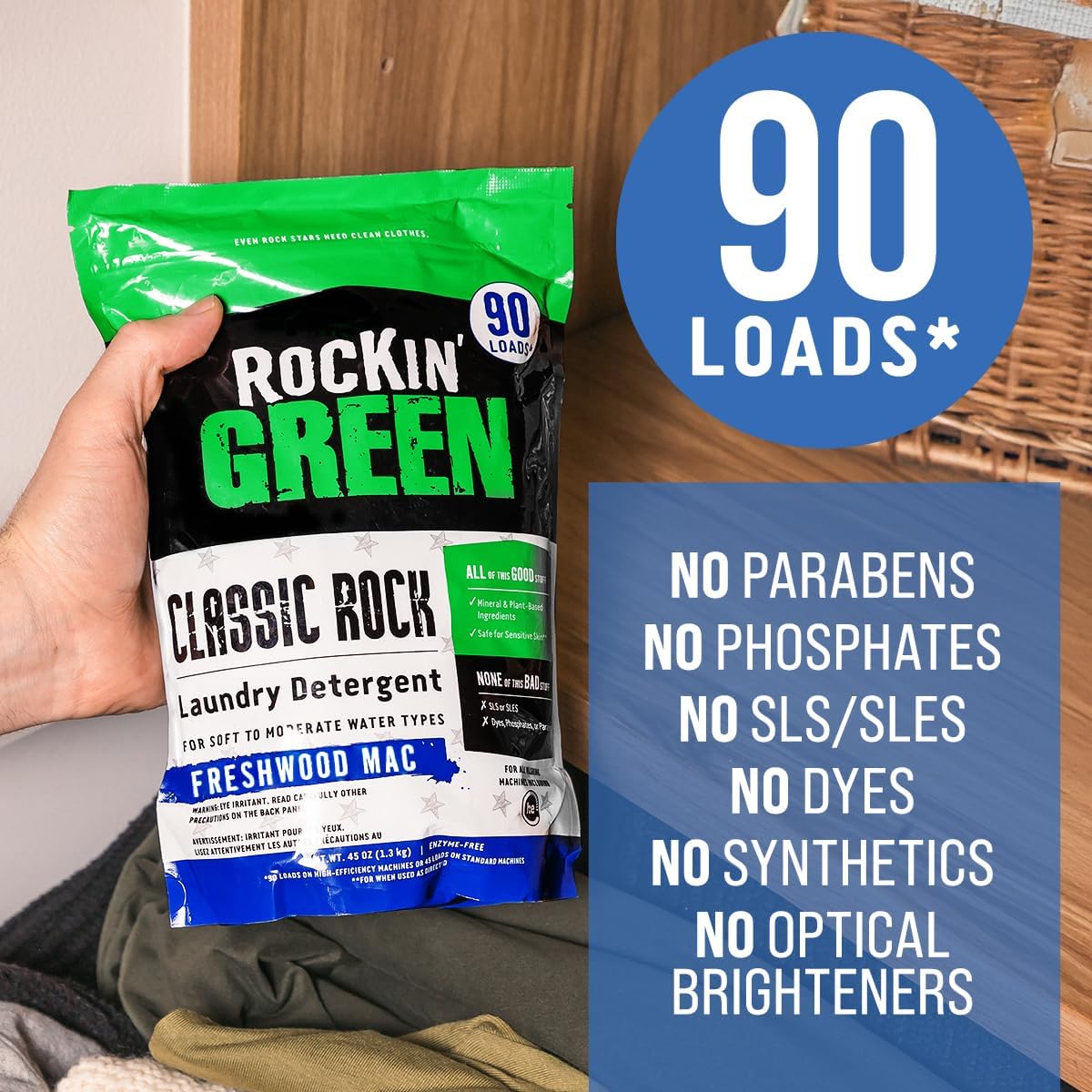 Rockin' Green Classic Rock Laundry Detergent (90 Loads), Plant based, All Natural Laundry Detergent Powder, Vegan and Biodegradable Odor Fighter, Safe for Sensitive Skin, 45 oz (Freshwood Mac)